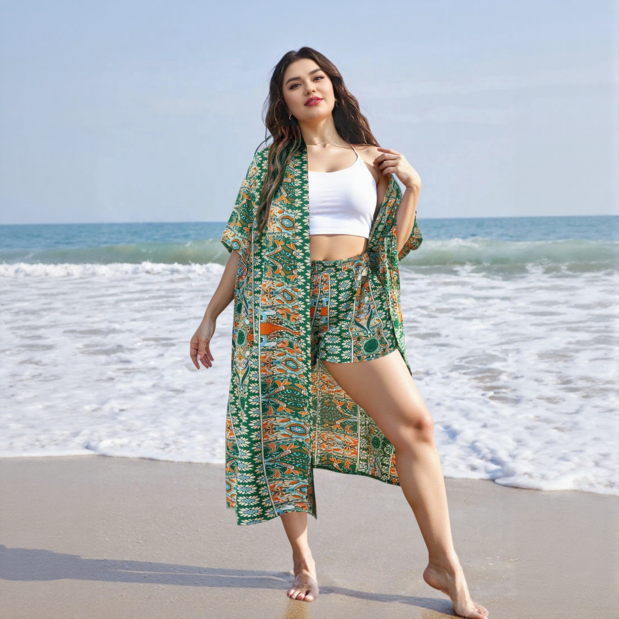 Plus Size All Over Print Kimono Robe and Shorts Set