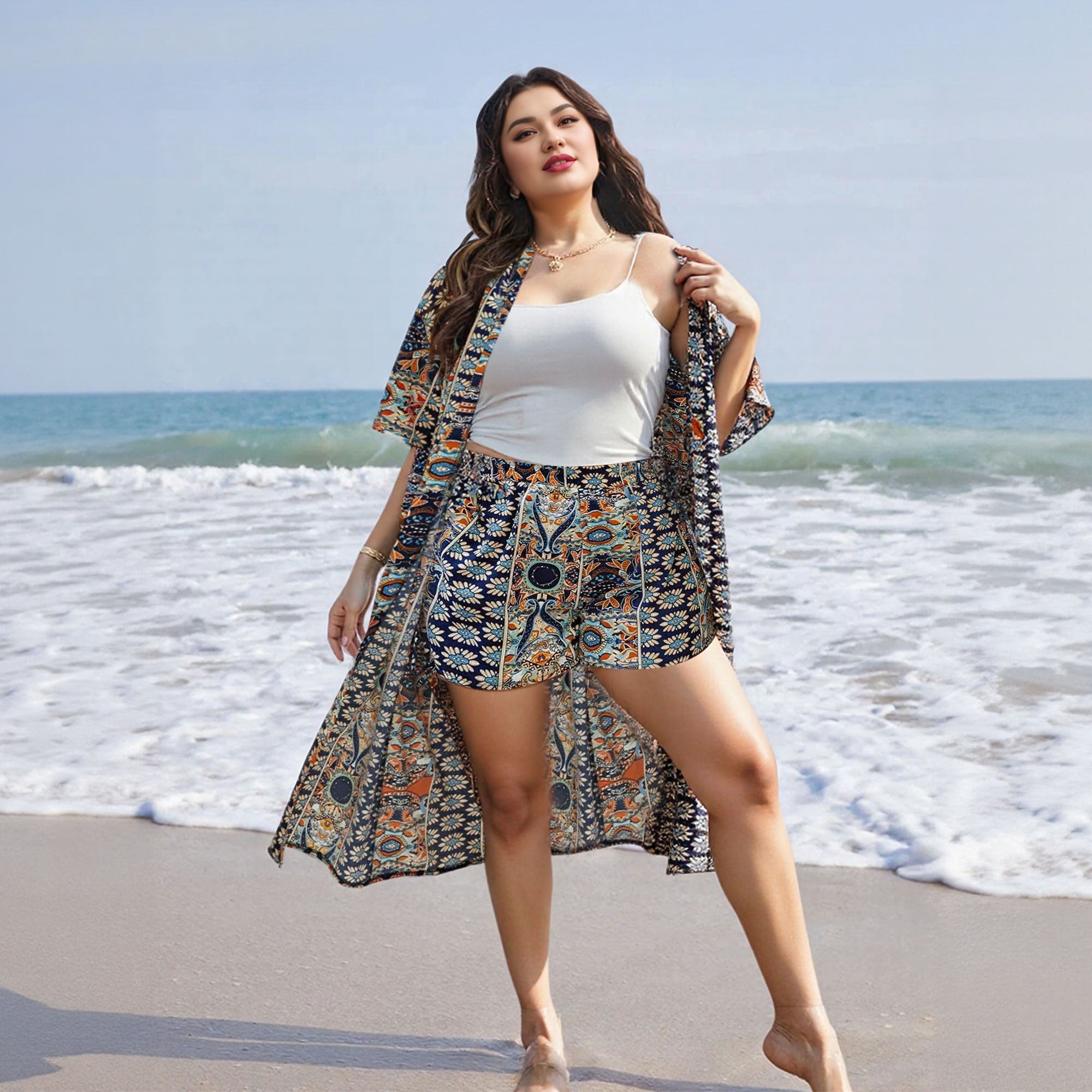 Plus Size All Over Print Kimono Robe and Shorts Set