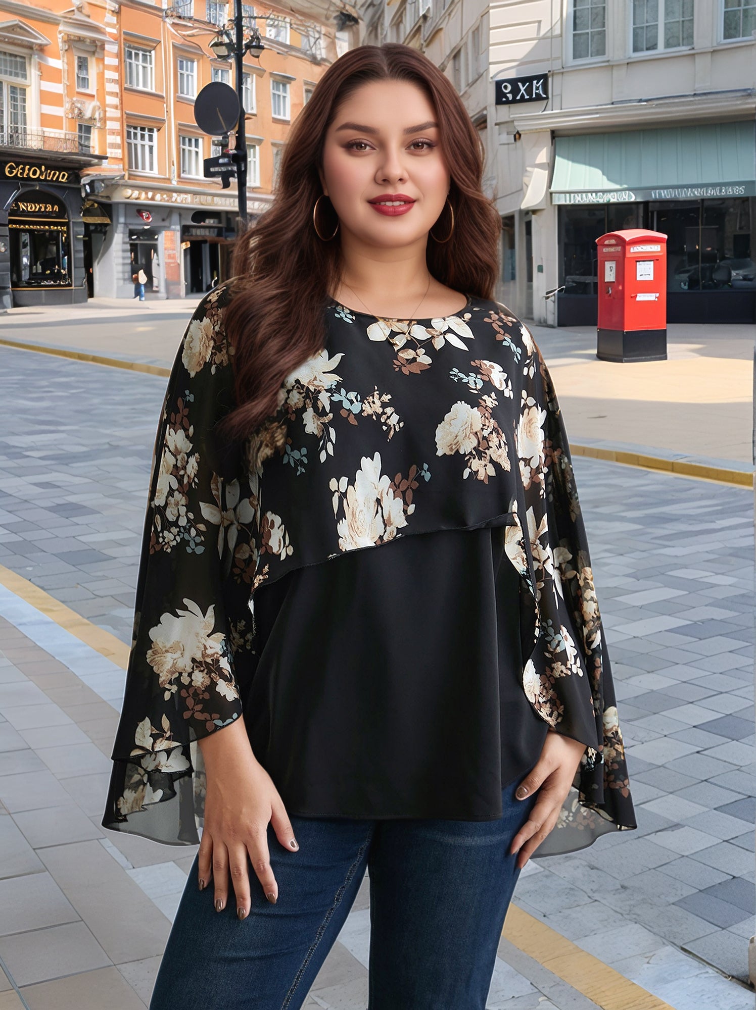 Floral Chiffon Layered Cape Printed Ruffle Blouse