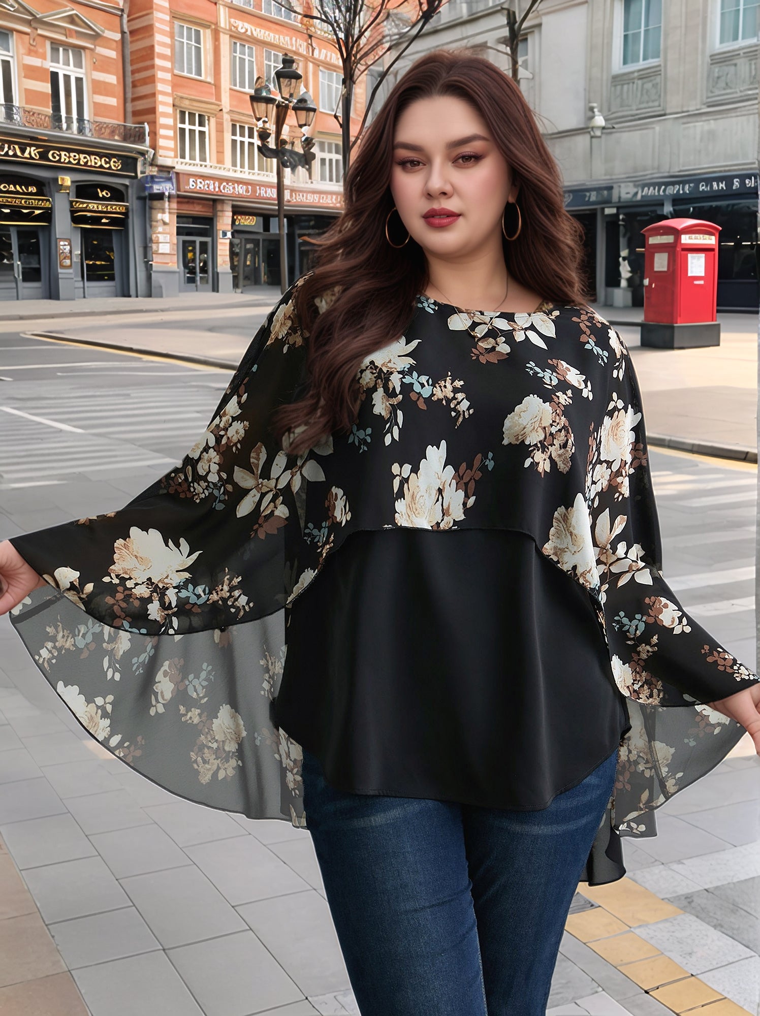 Floral Chiffon Layered Cape Printed Ruffle Blouse