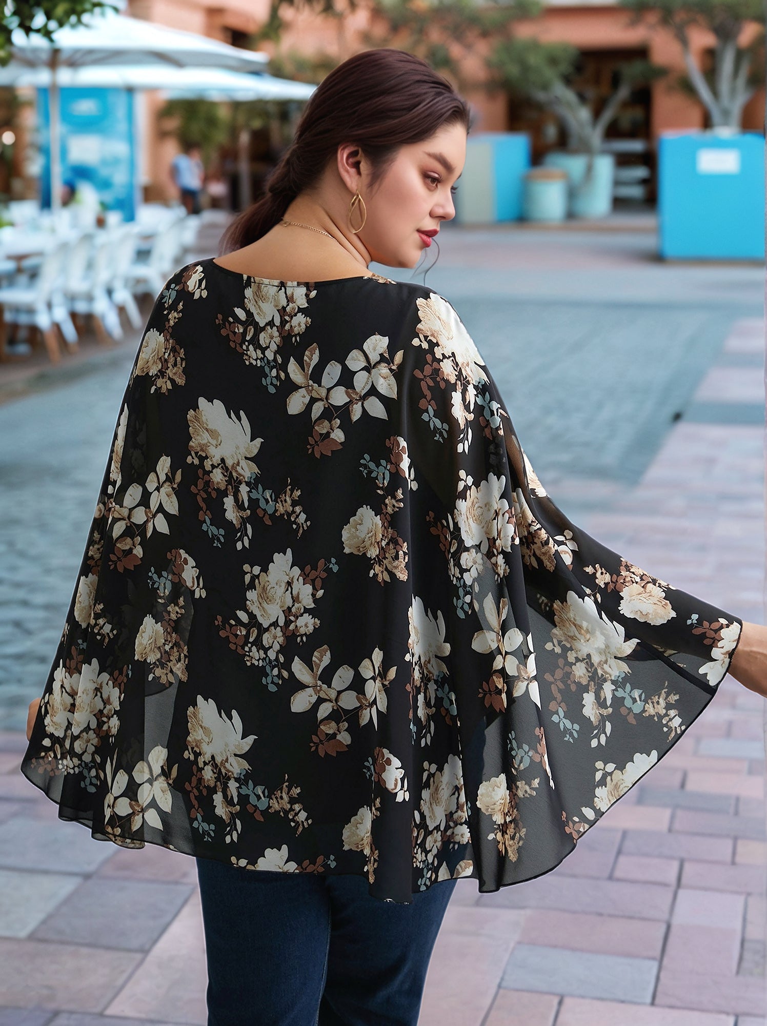 Floral Chiffon Layered Cape Printed Ruffle Blouse