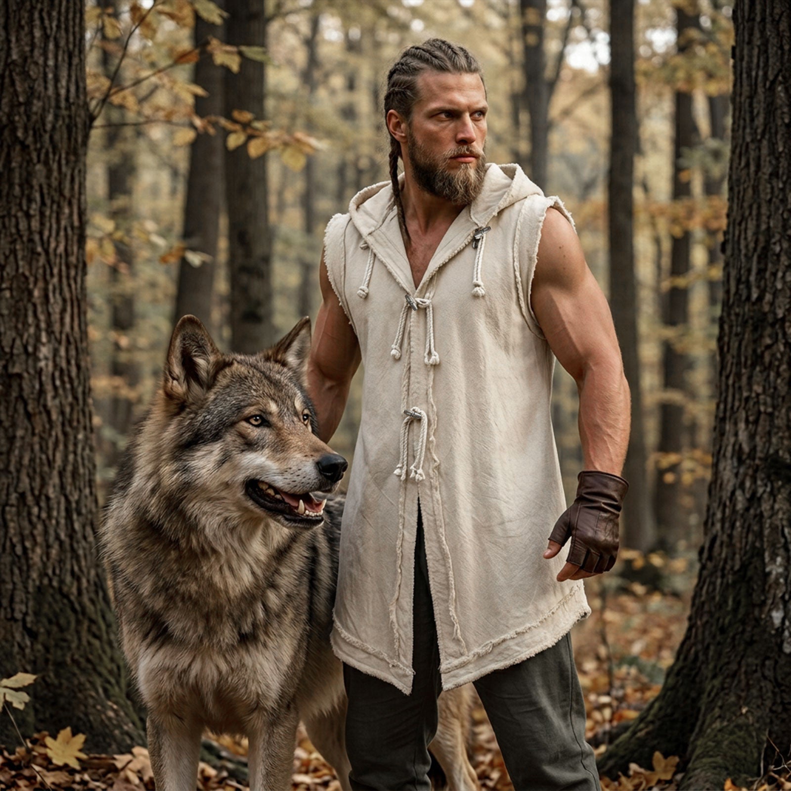 Mens Renaissance Vest Medieval Hooded Sleeveless Cotton Tunic Viking Pirate Costume Top with Wooden Buttons LARP Cosplay
