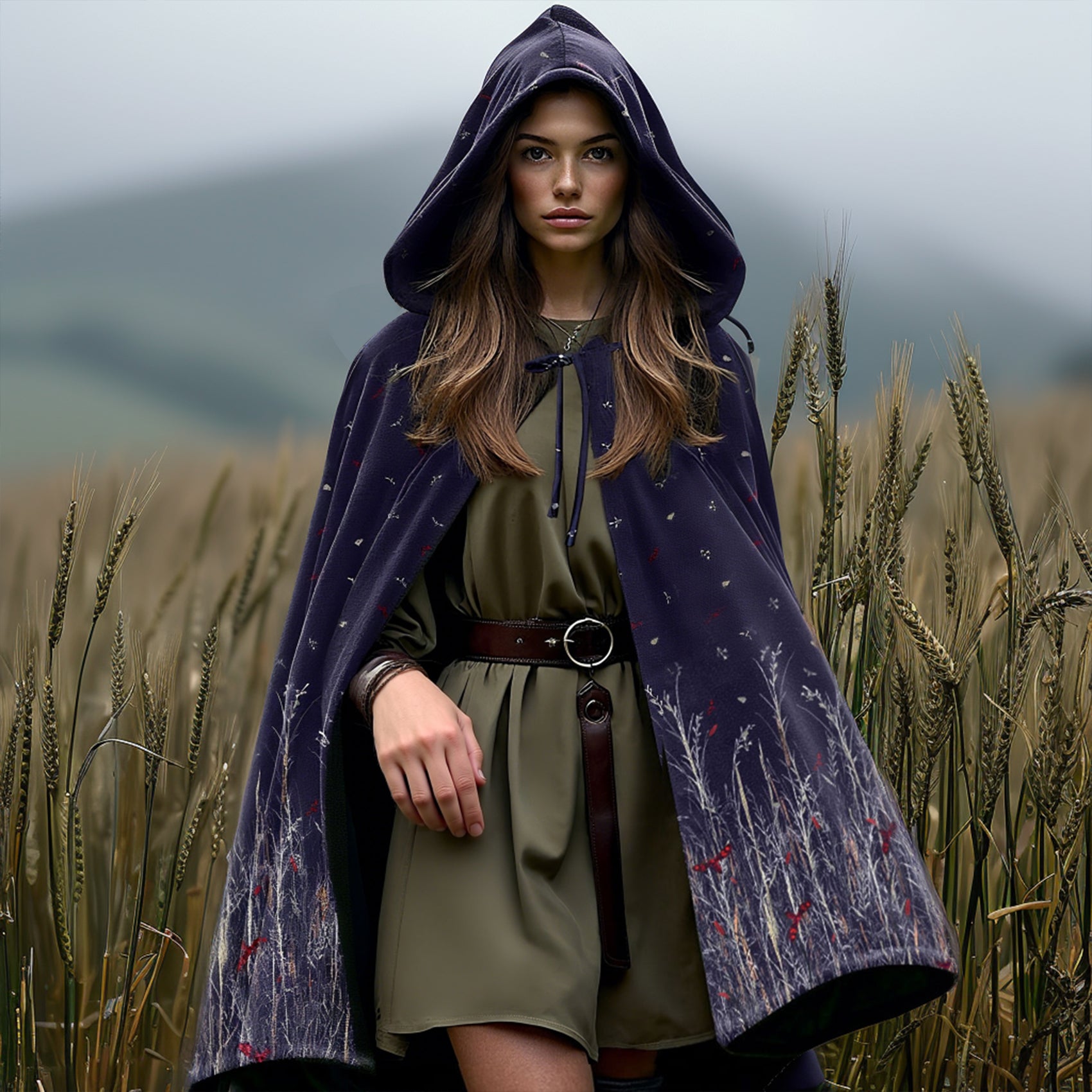 Navy Velvet Printed Hooded Cloak – Medieval LARP Cosplay Cape