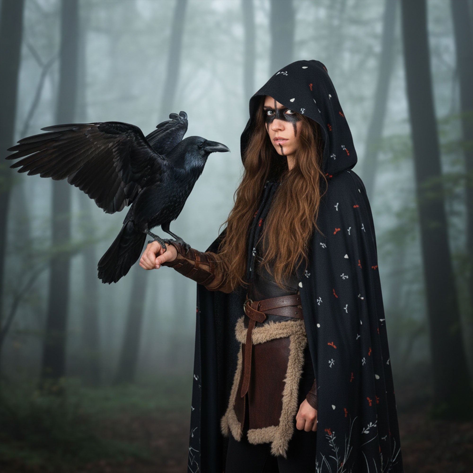 Renaissance printed hooded cloak is perfect for Sorcerer, Wizard, and Mage characters for your Cosplay, Medieval and Fantasy LARP