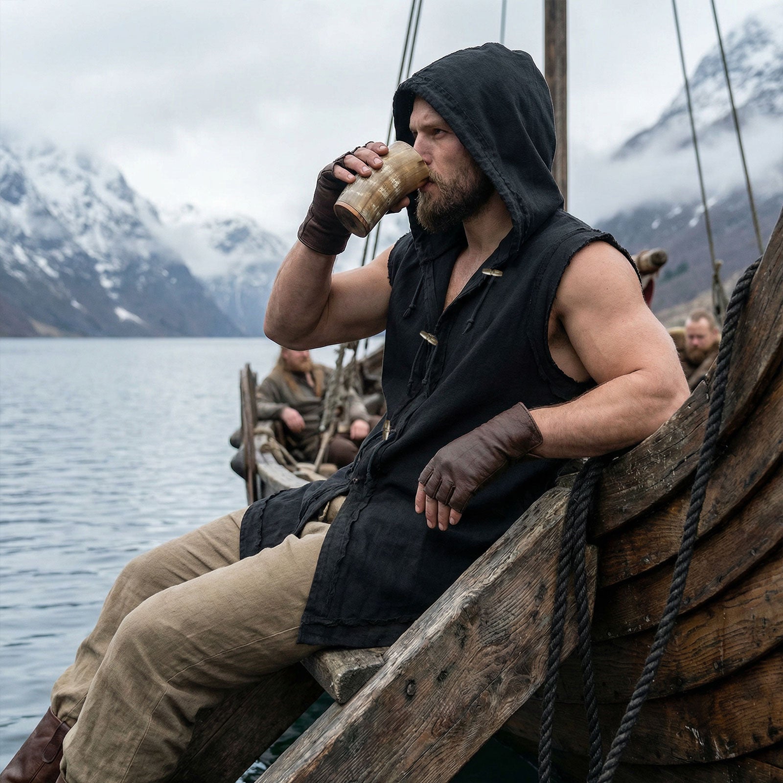 Mens Renaissance Vest Medieval Hooded Sleeveless Cotton Tunic Viking Pirate Costume Top with Wooden Buttons LARP Cosplay