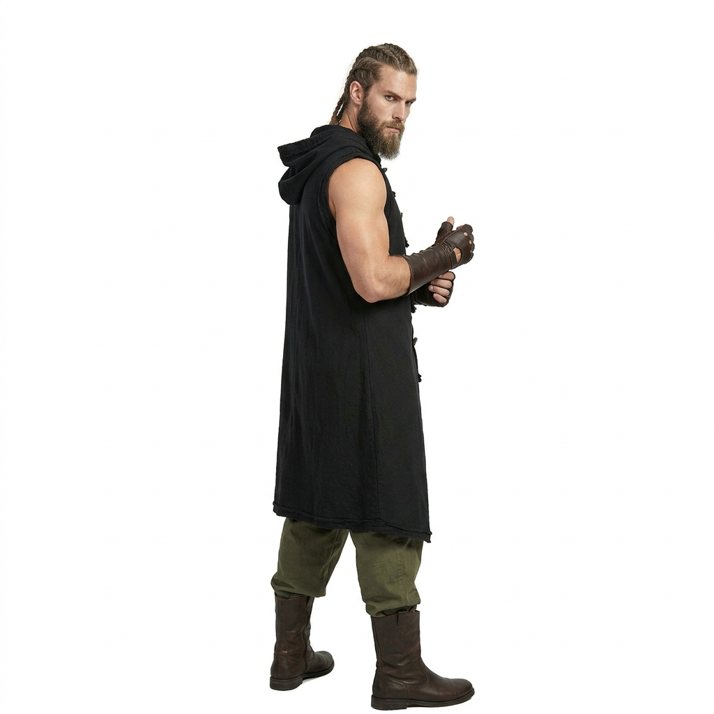 Men’s Medieval Costume Viking Vest Renaissance Sleeveless Tabard Tunic Hooded Cotton Surcoat Wooden Buttons LARP Cosplay