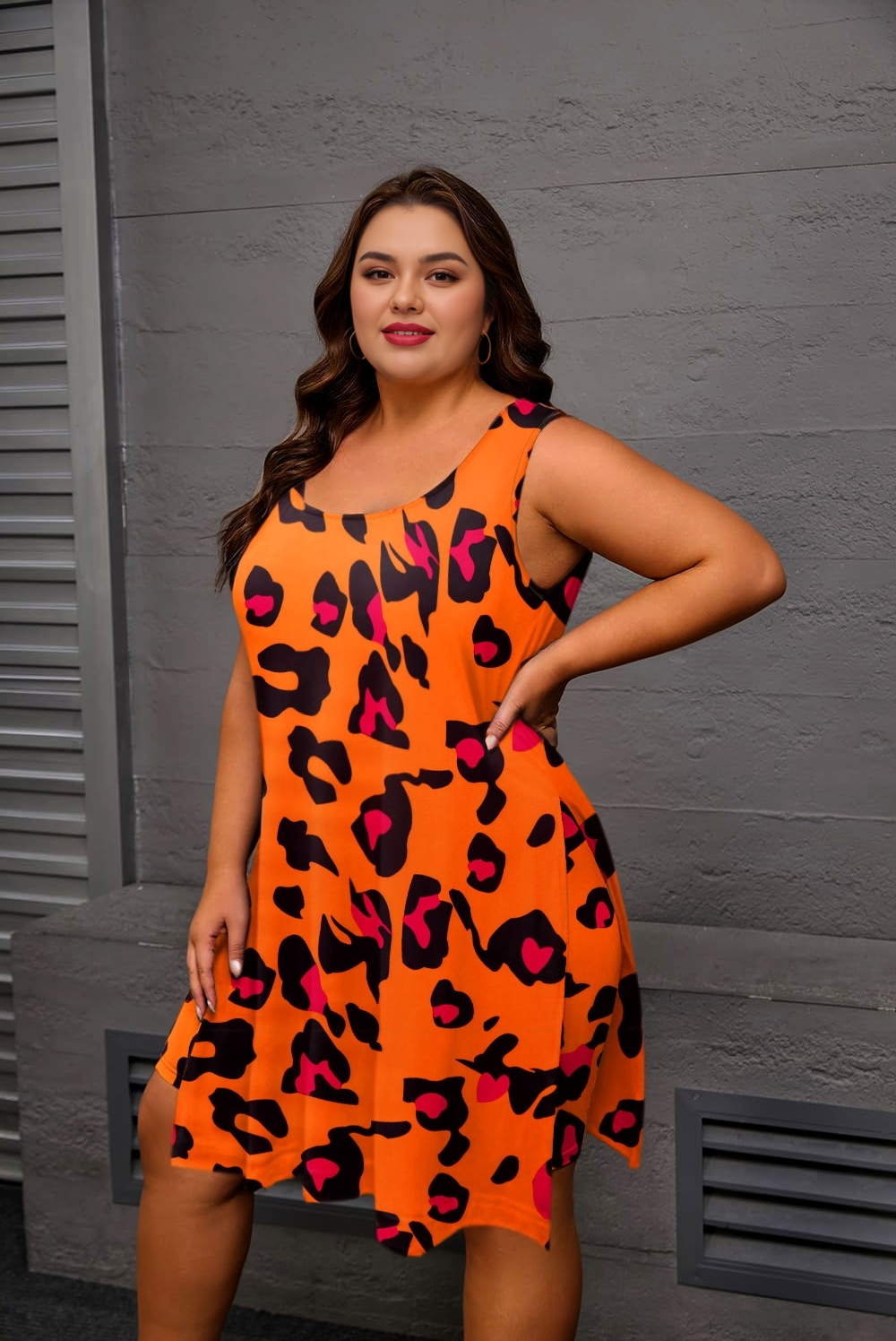 Plus Size Orange Leopard Print Tank Top and Shorts Set for Women