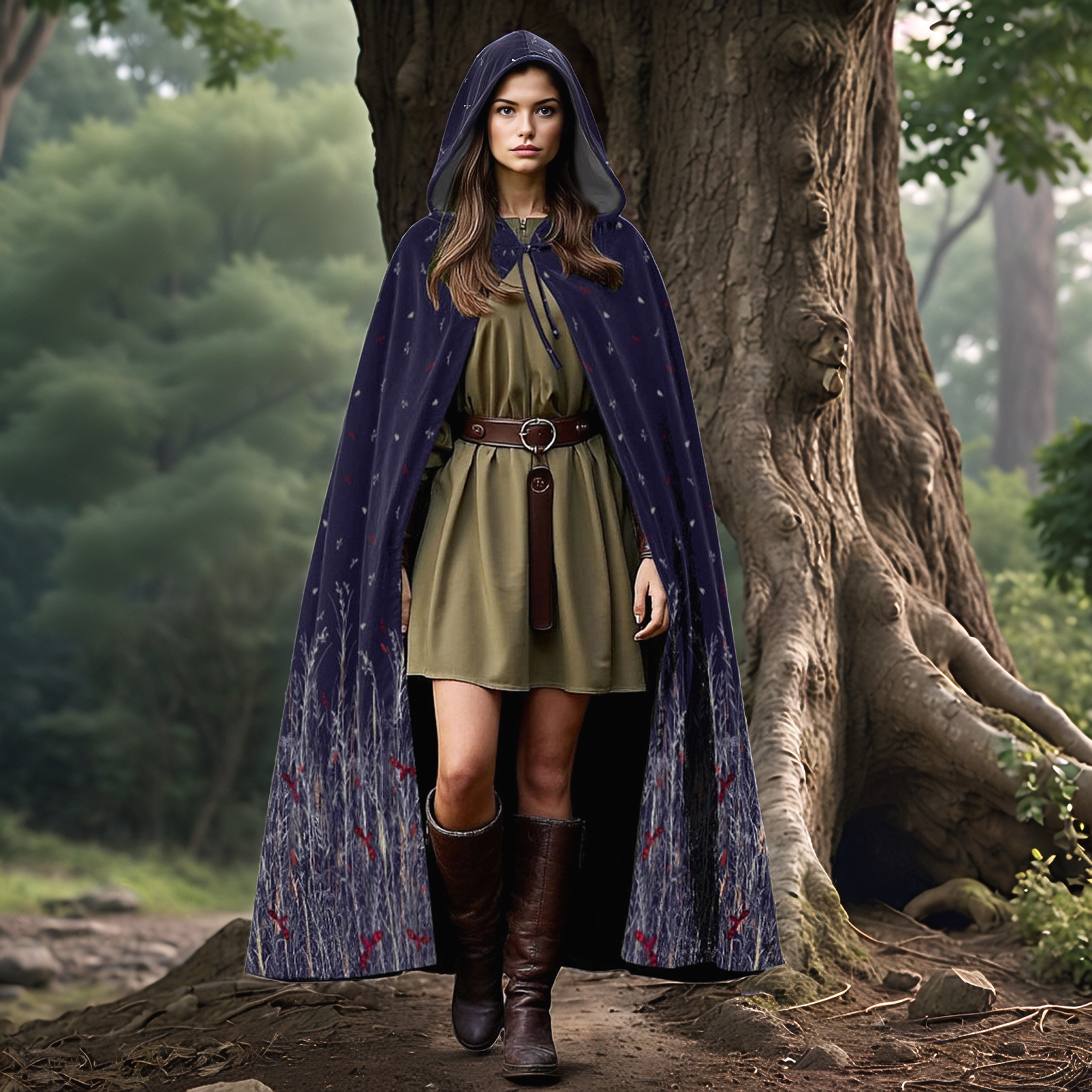 Navy Velvet Printed Hooded Cloak – Medieval LARP Cosplay Cape