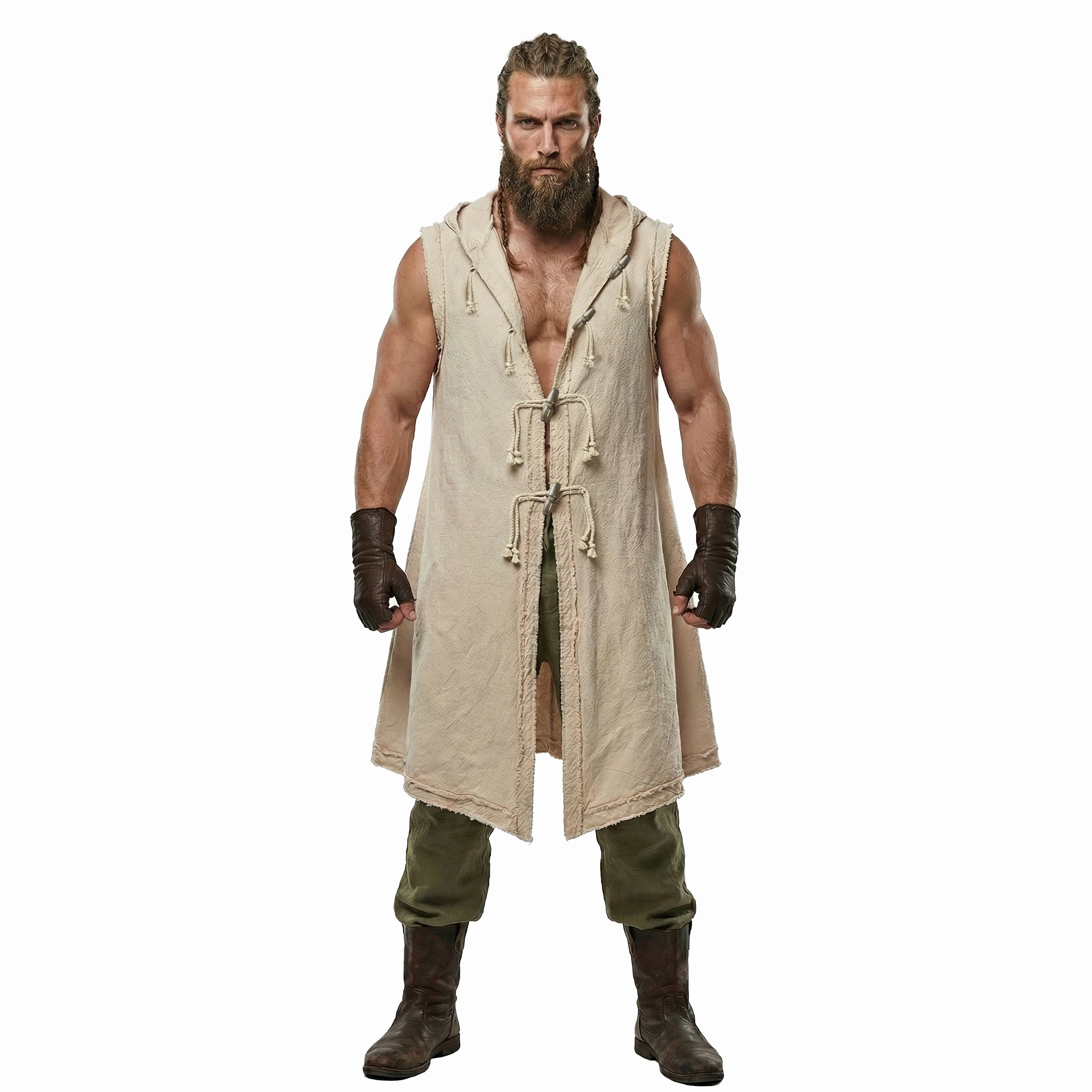 Men’s Medieval Costume Viking Vest Renaissance Sleeveless Tabard Tunic Hooded Cotton Surcoat Wooden Buttons LARP Cosplay