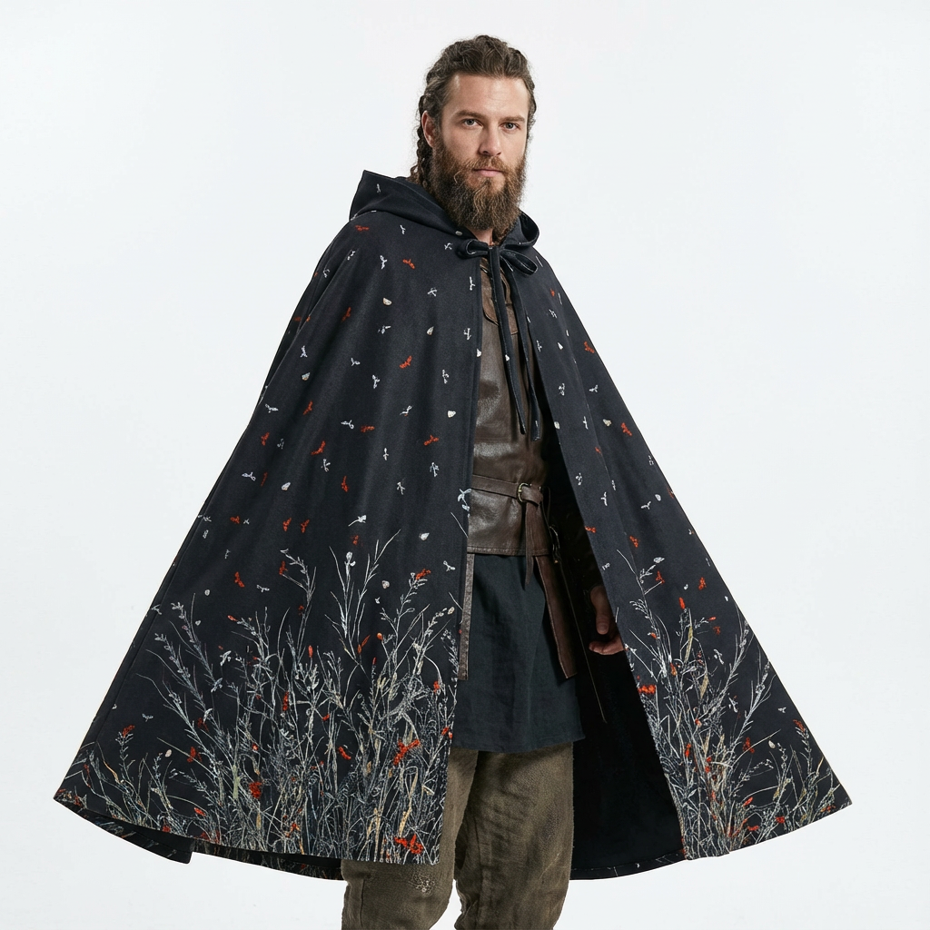 Renaissance printed hooded cloak is perfect for Sorcerer, Wizard, and Mage characters for your Cosplay, Medieval and Fantasy LARP