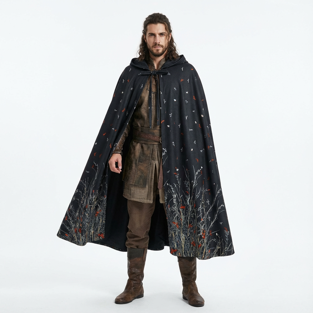 Renaissance printed hooded cloak is perfect for Sorcerer, Wizard, and Mage characters for your Cosplay, Medieval and Fantasy LARP