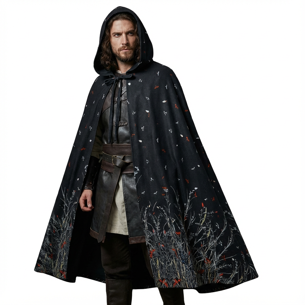 Renaissance printed hooded cloak is perfect for Sorcerer, Wizard, and Mage characters for your Cosplay, Medieval and Fantasy LARP