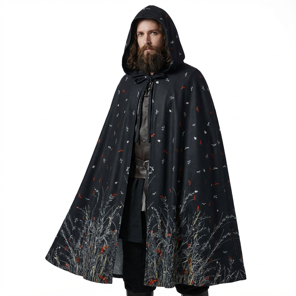Renaissance printed hooded cloak is perfect for Sorcerer, Wizard, and Mage characters for your Cosplay, Medieval and Fantasy LARP