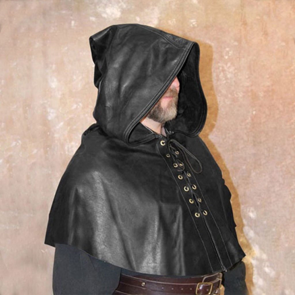 Men Leather Hood Hunter Vintage Lace Up Cowls Medieval Renaissance Cape Hat Wizzard Hat
