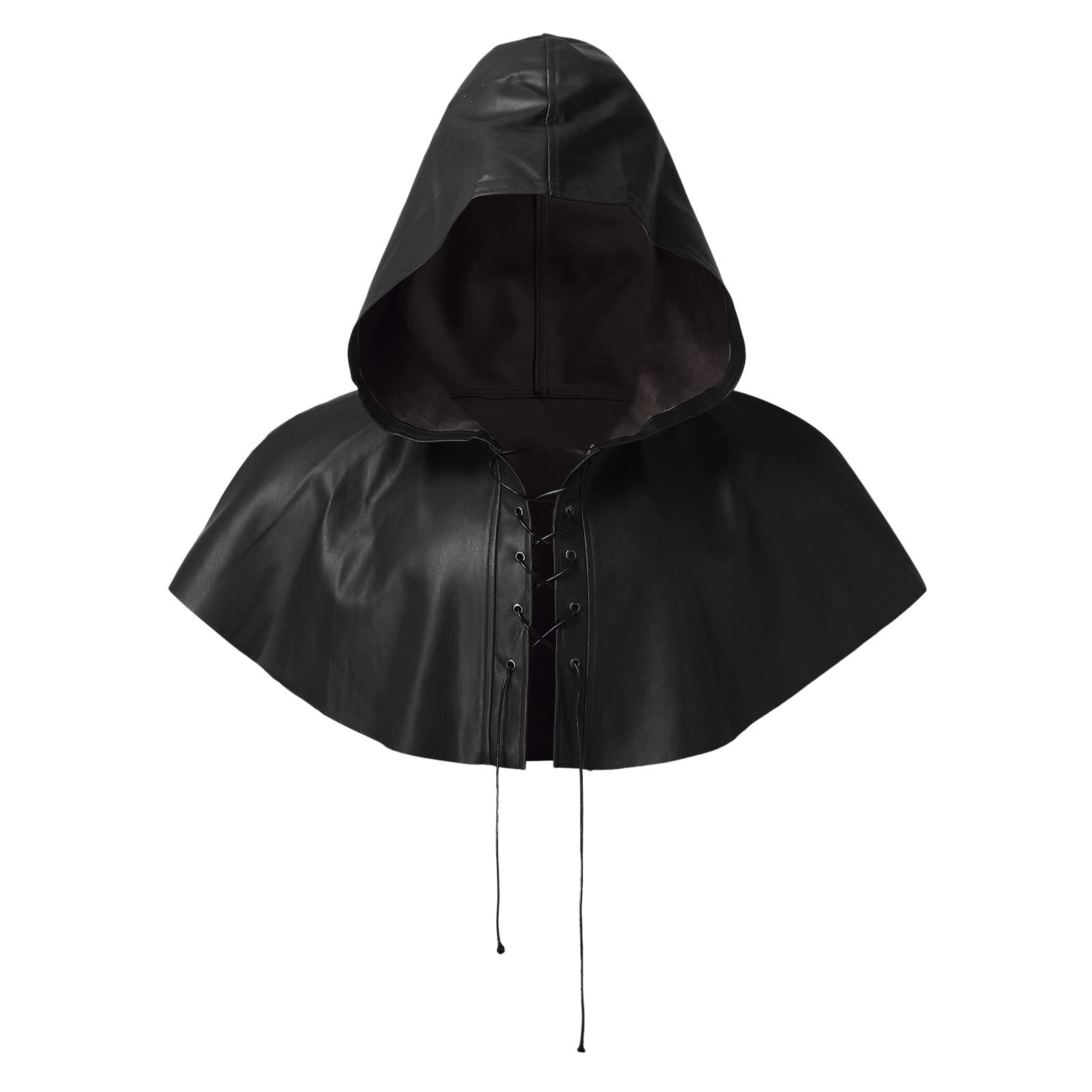 Men Leather Hood Hunter Vintage Lace Up Cowls Medieval Renaissance Cape Hat Wizzard Hat