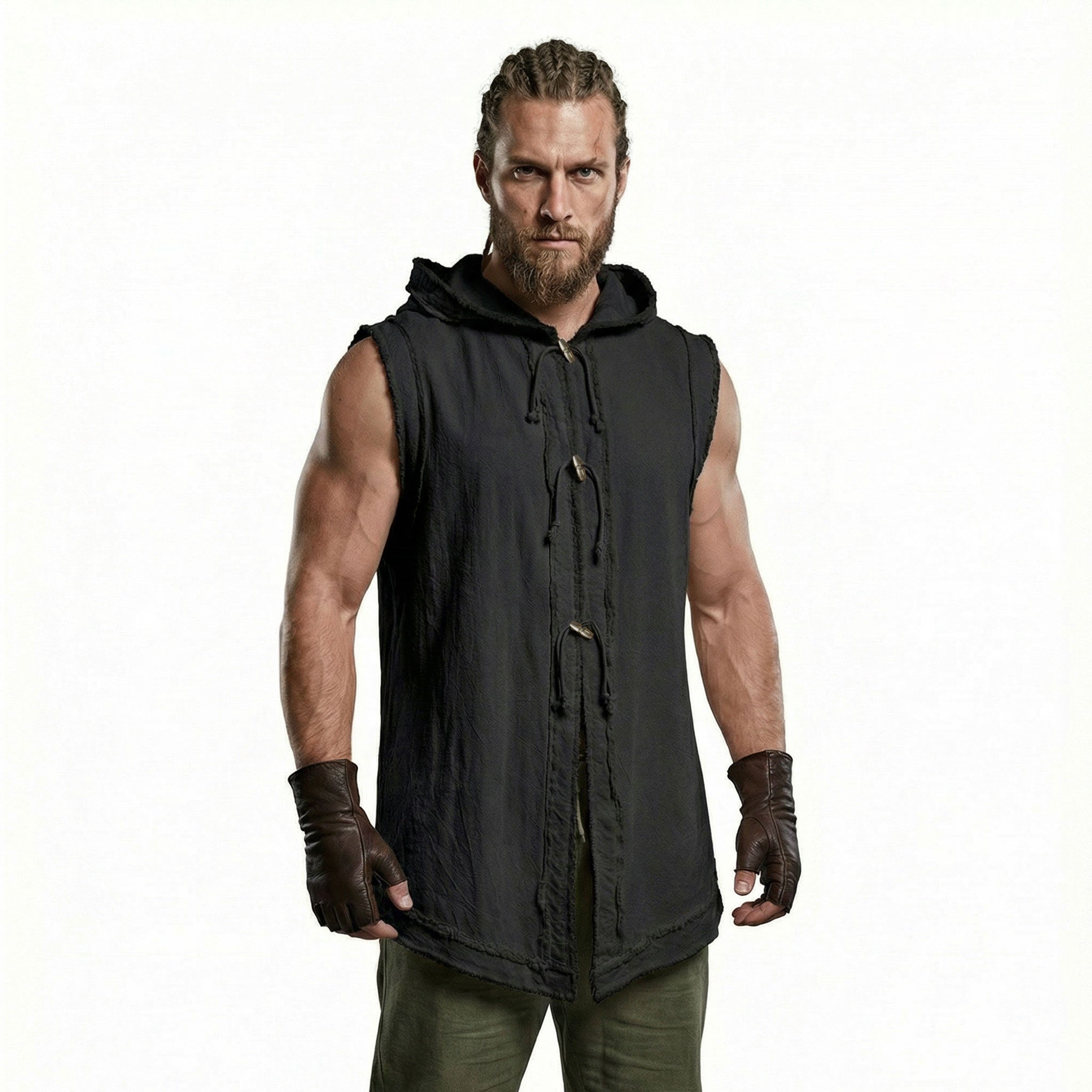 Mens Renaissance Vest Medieval Hooded Sleeveless Cotton Tunic Viking Pirate Costume Top with Wooden Buttons LARP Cosplay