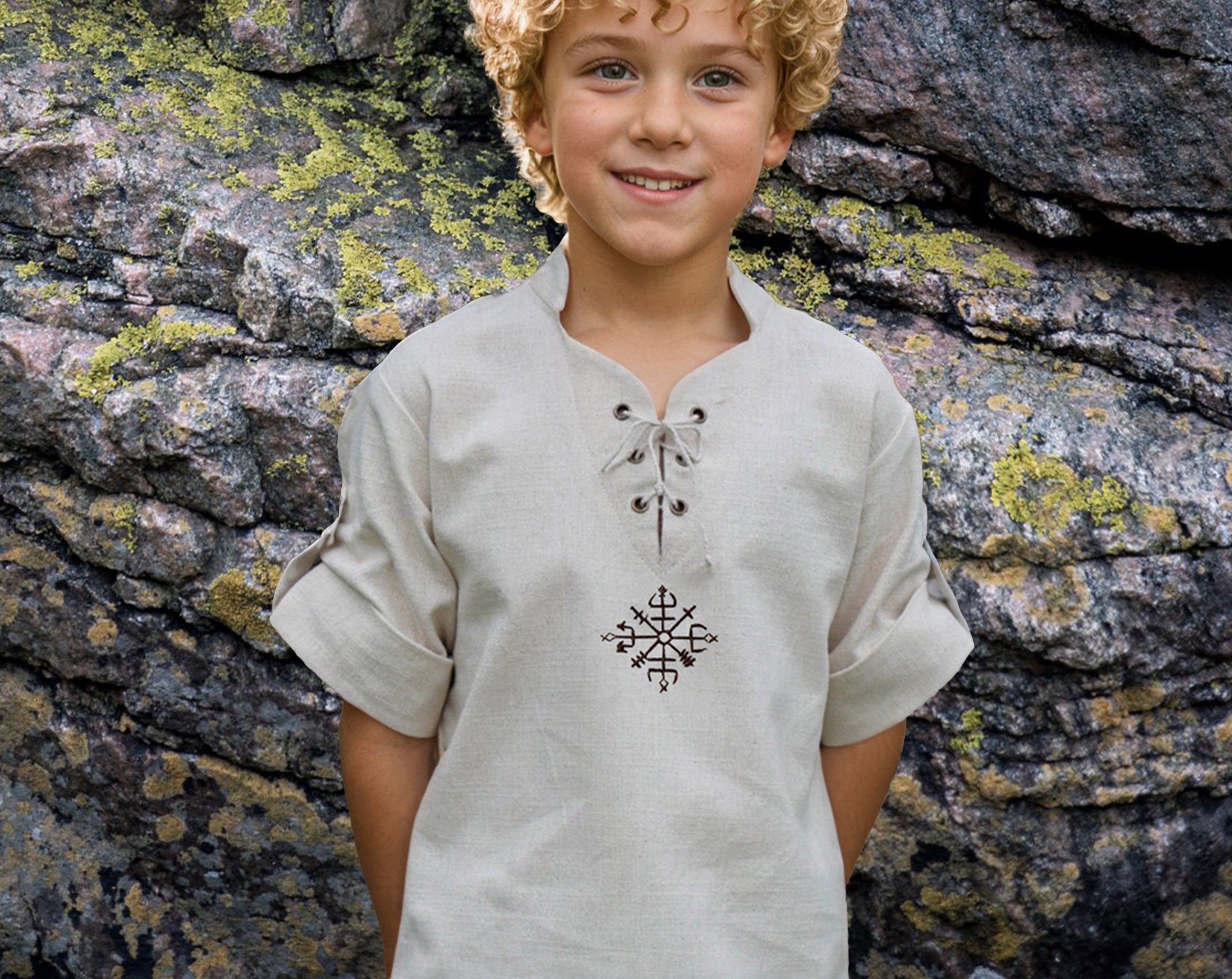 Medieval Unique Embroidered Viking Kids Short Sleeve Shirt