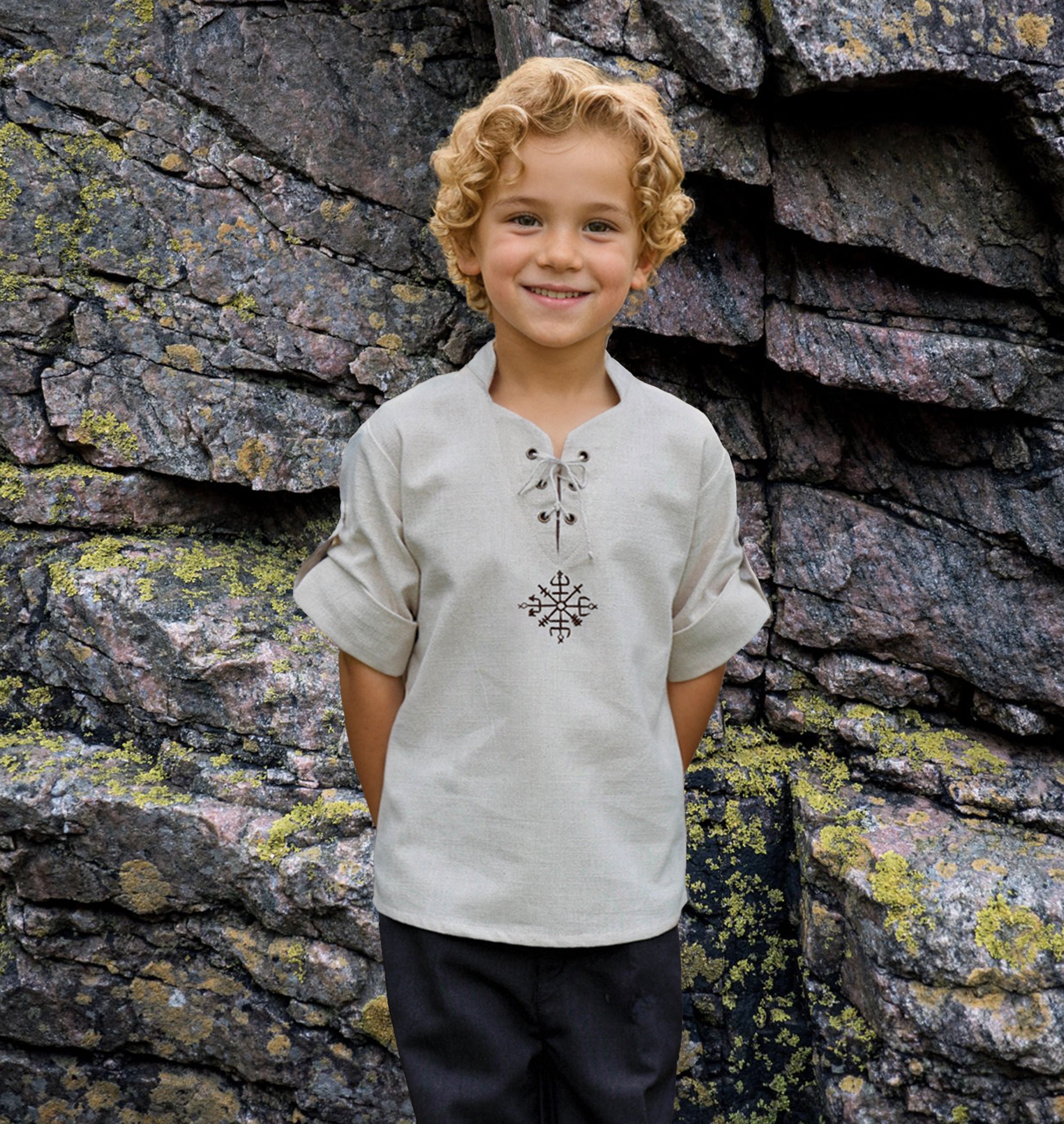 Medieval Unique Embroidered Viking Kids Short Sleeve Shirt