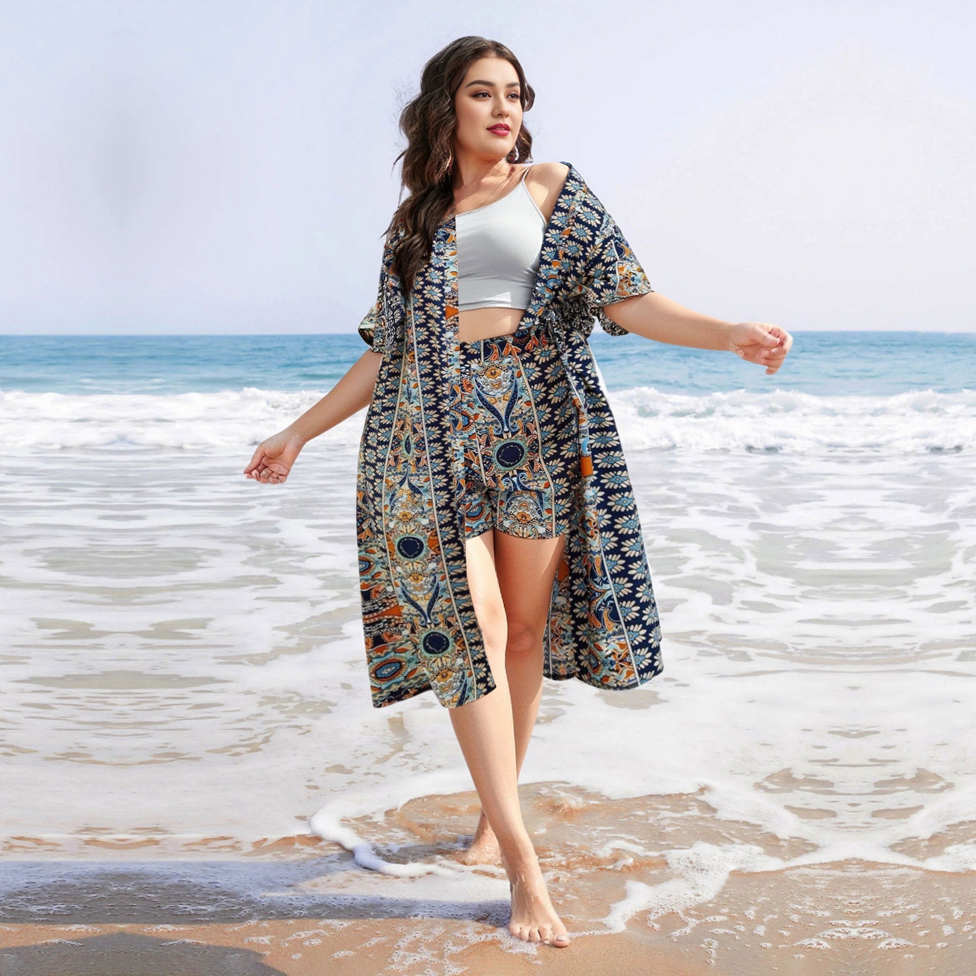 Plus Size All Over Print Kimono Robe and Shorts Set