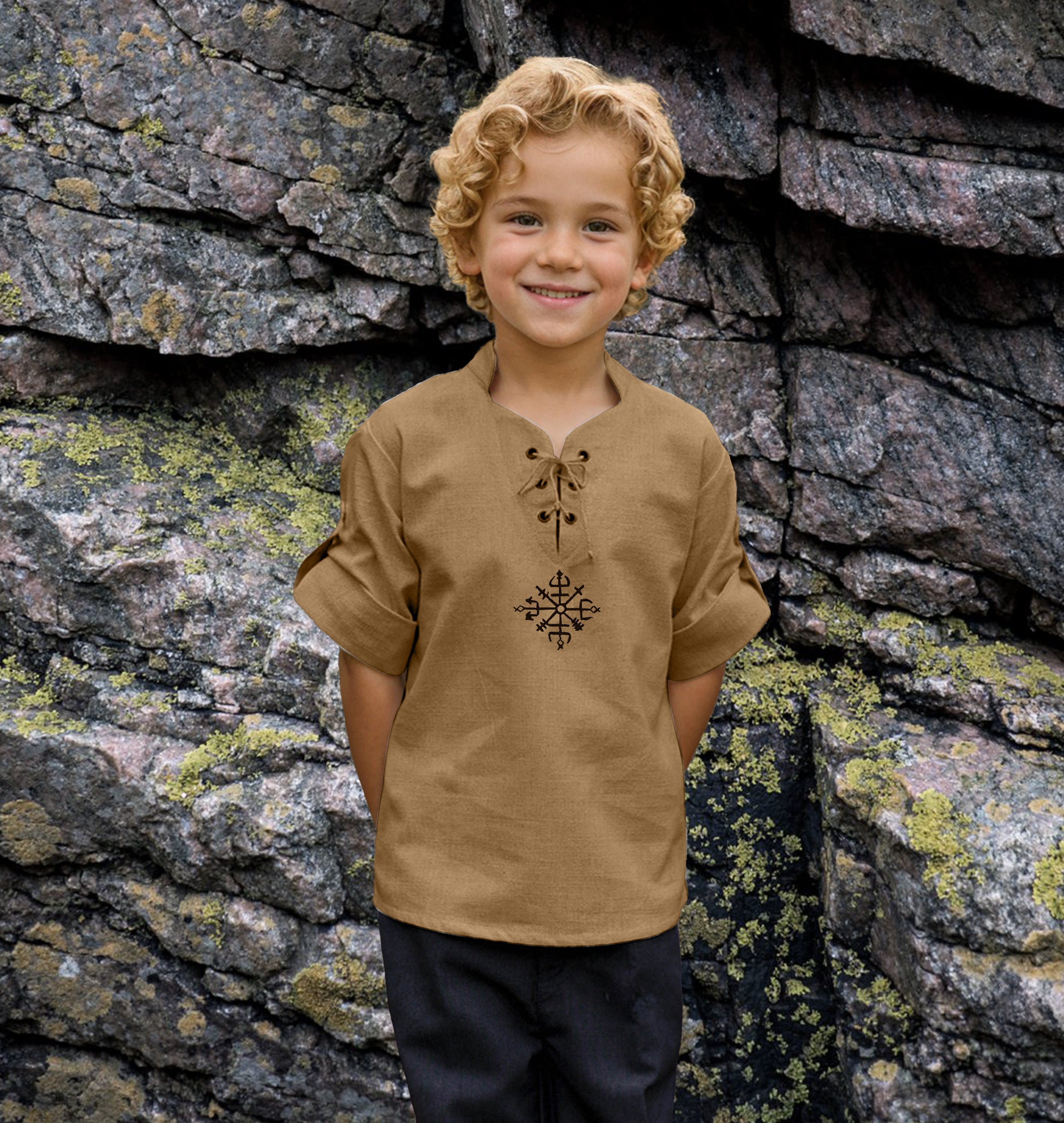 Medieval Unique Embroidered Viking Kids Short Sleeve Shirt