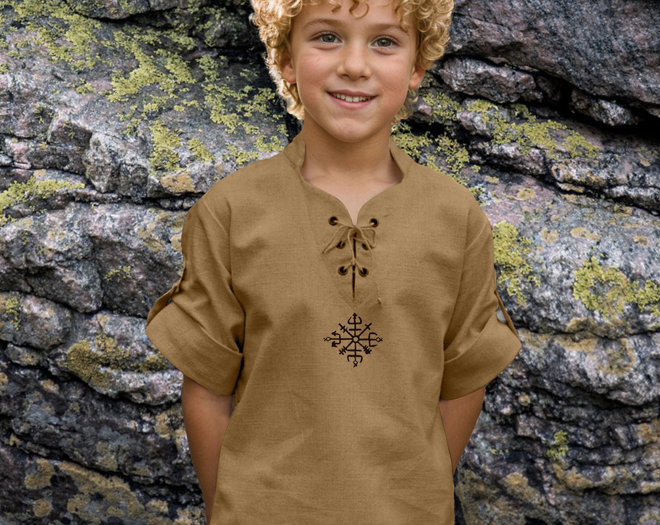 Medieval Unique Embroidered Viking Kids Short Sleeve Shirt