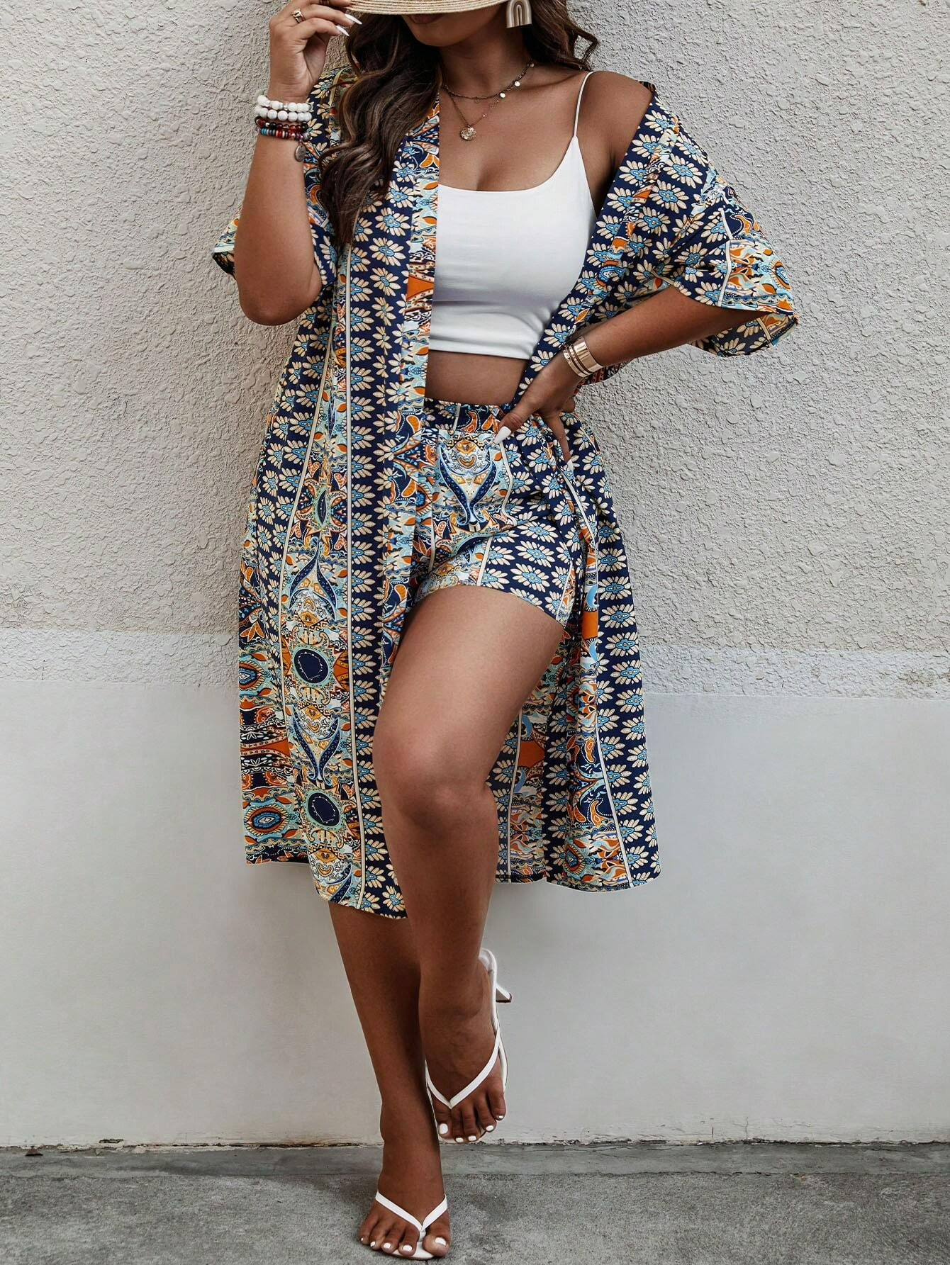 Plus Size All Over Print Kimono Robe and Shorts Set