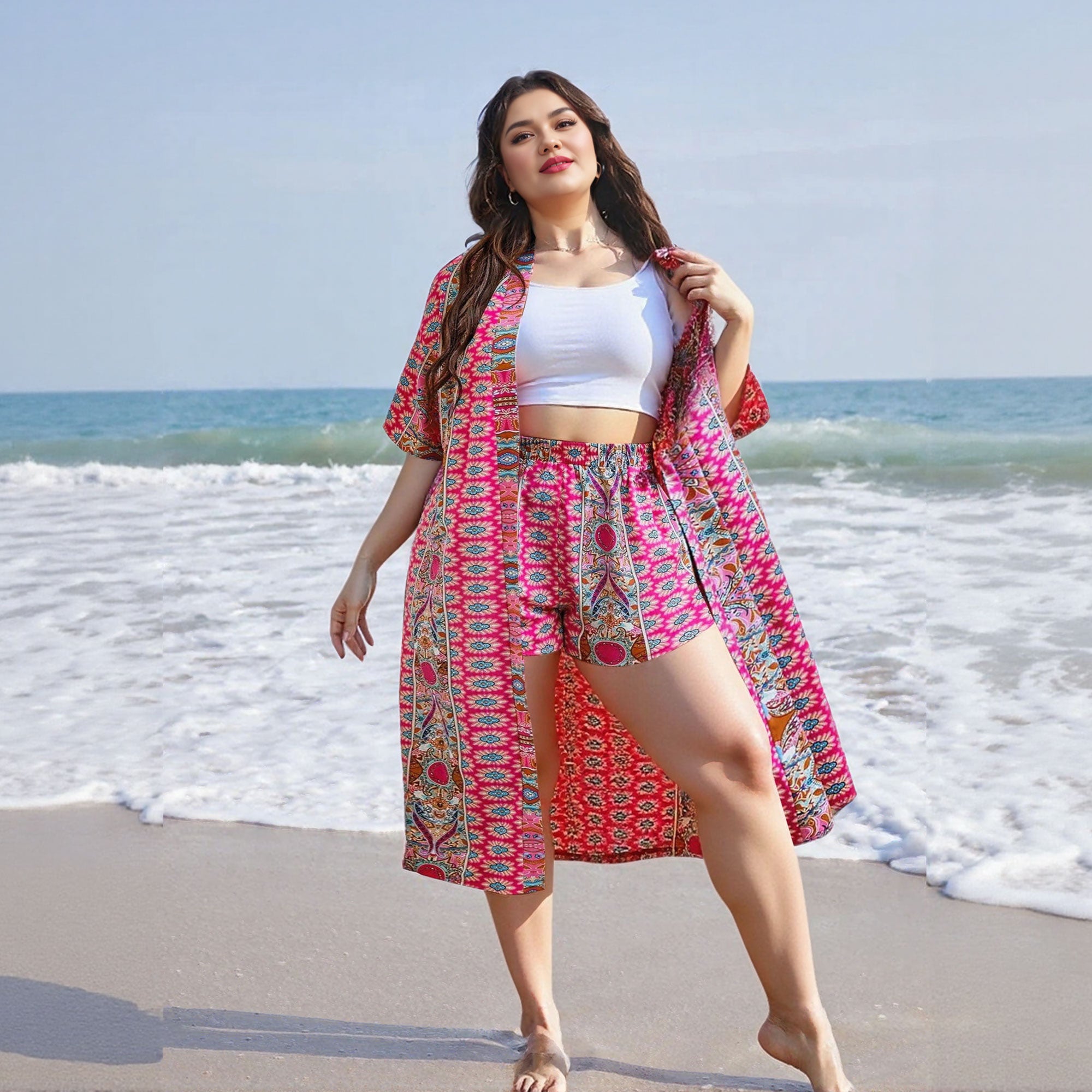 Plus Size All Over Print Kimono Robe and Shorts Set