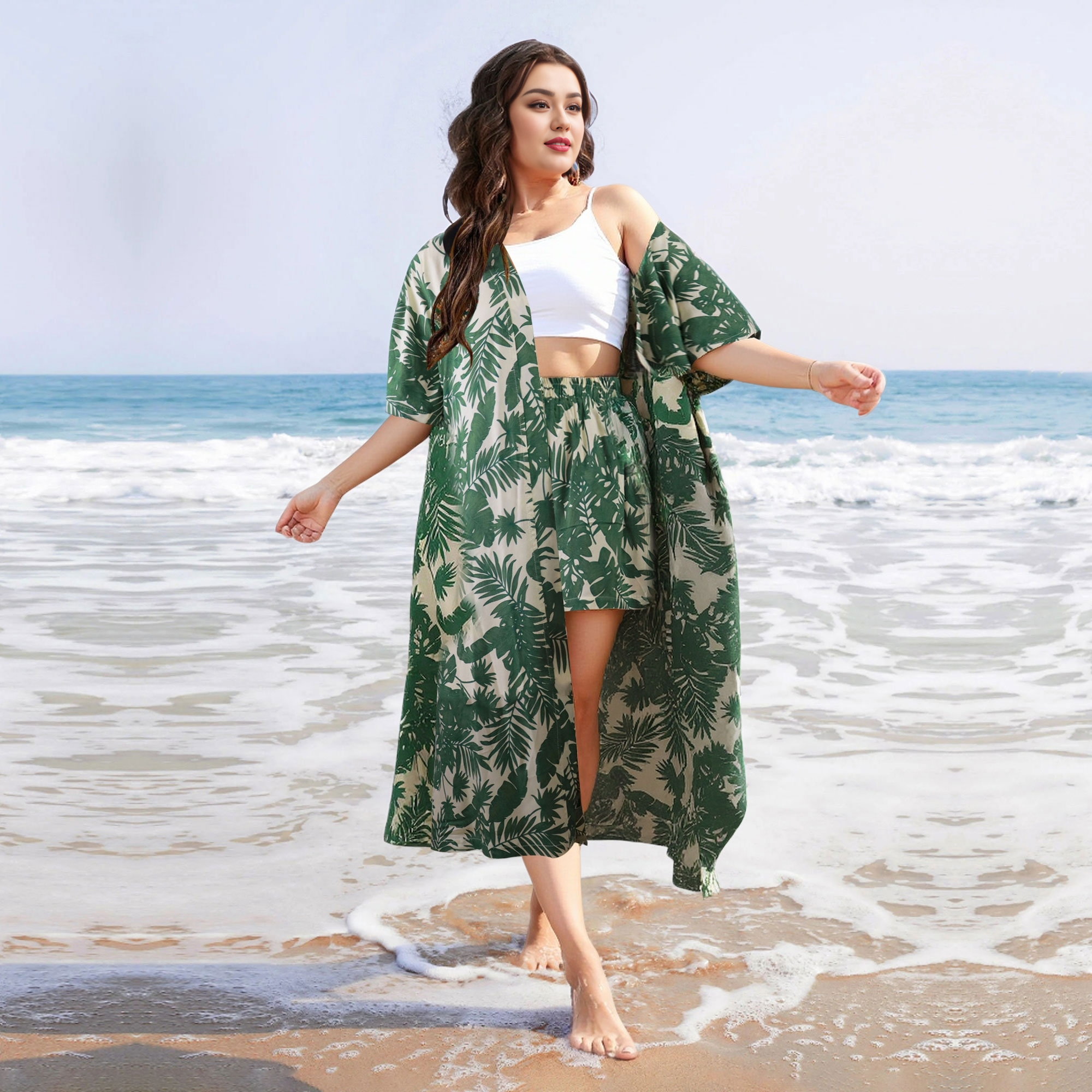 Plus Size All Over Print Kimono Robe and Shorts Set