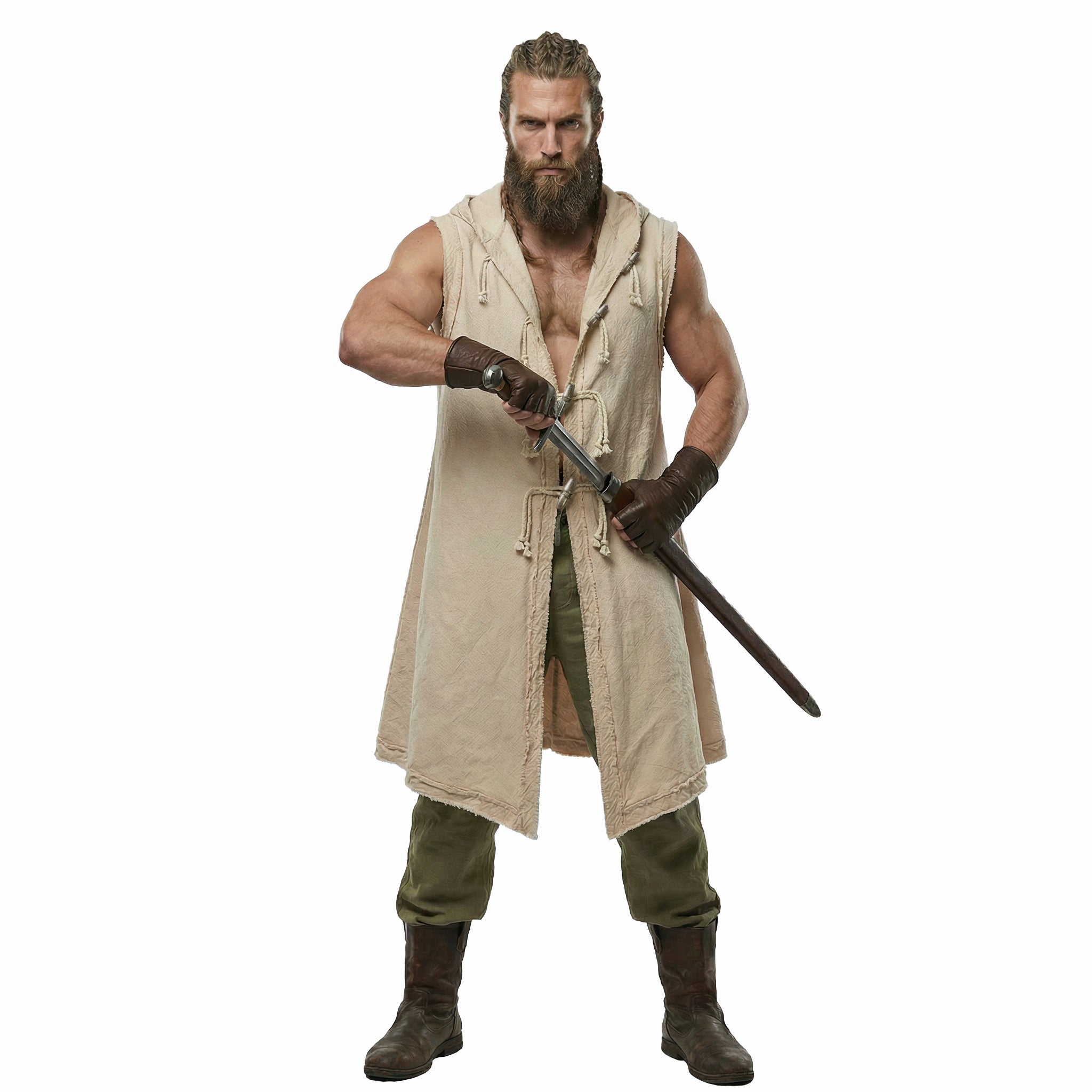 Men’s Medieval Costume Viking Vest Renaissance Sleeveless Tabard Tunic Hooded Cotton Surcoat Wooden Buttons LARP Cosplay