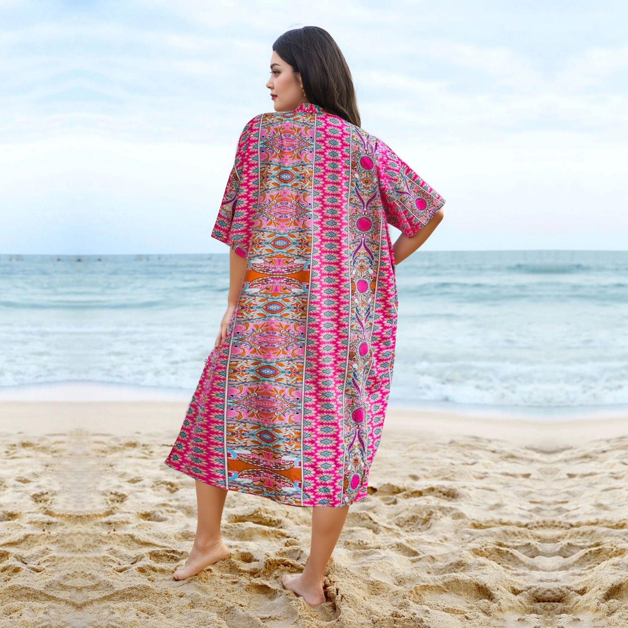 Plus Size All Over Print Kimono Robe and Shorts Set