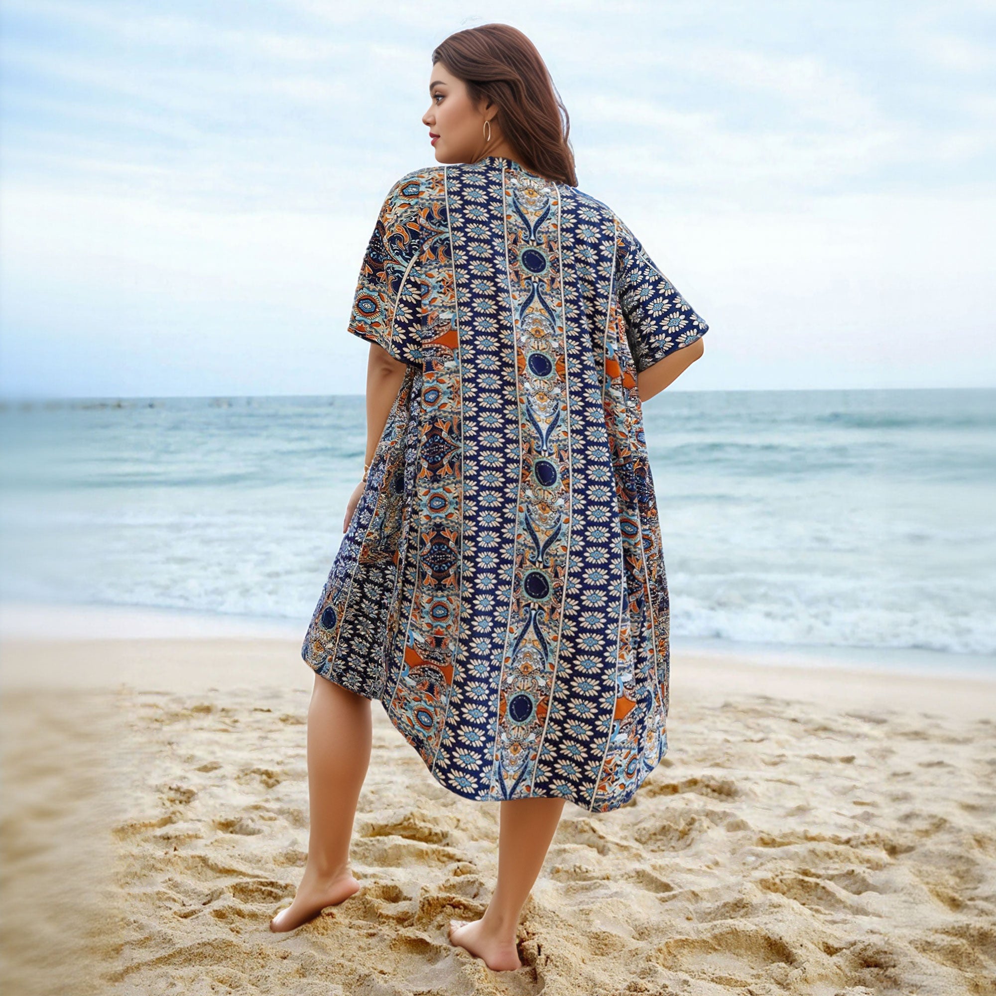 Plus Size All Over Print Kimono Robe and Shorts Set