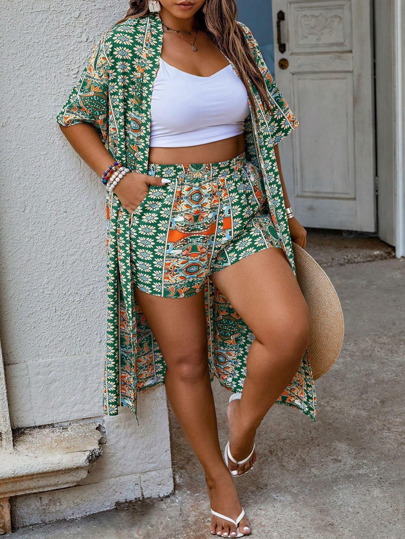 Plus Size All Over Print Kimono Robe and Shorts Set