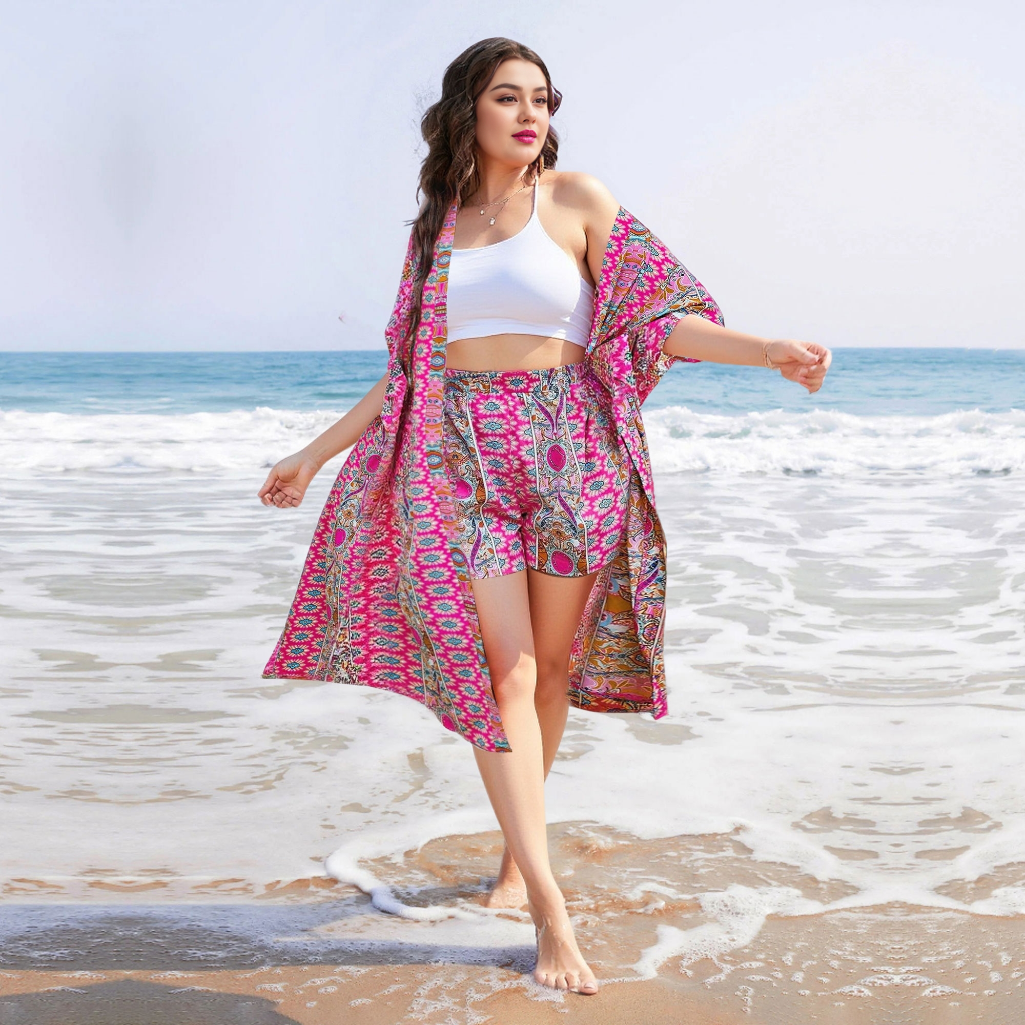 Plus Size All Over Print Kimono Robe and Shorts Set