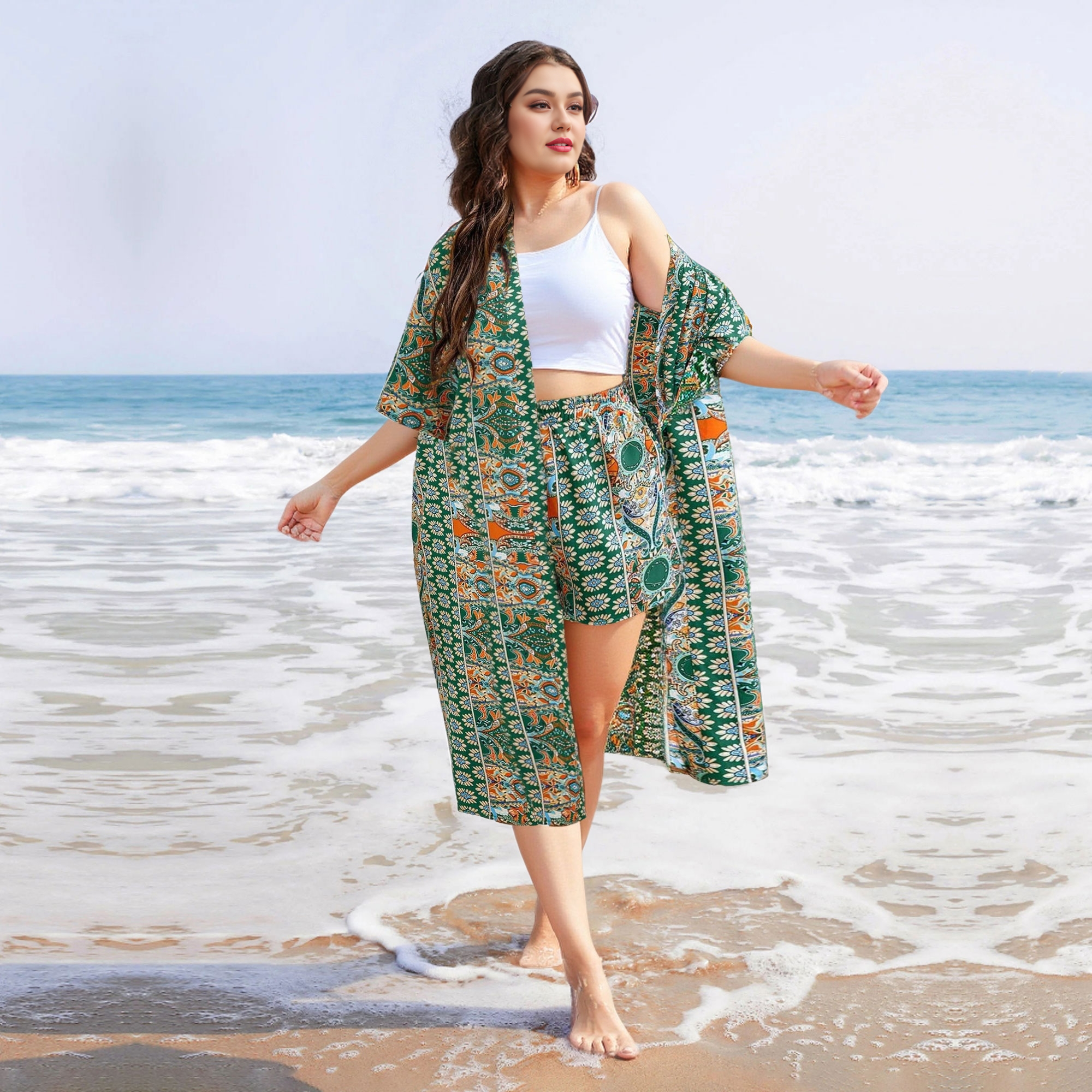 Plus Size All Over Print Kimono Robe and Shorts Set