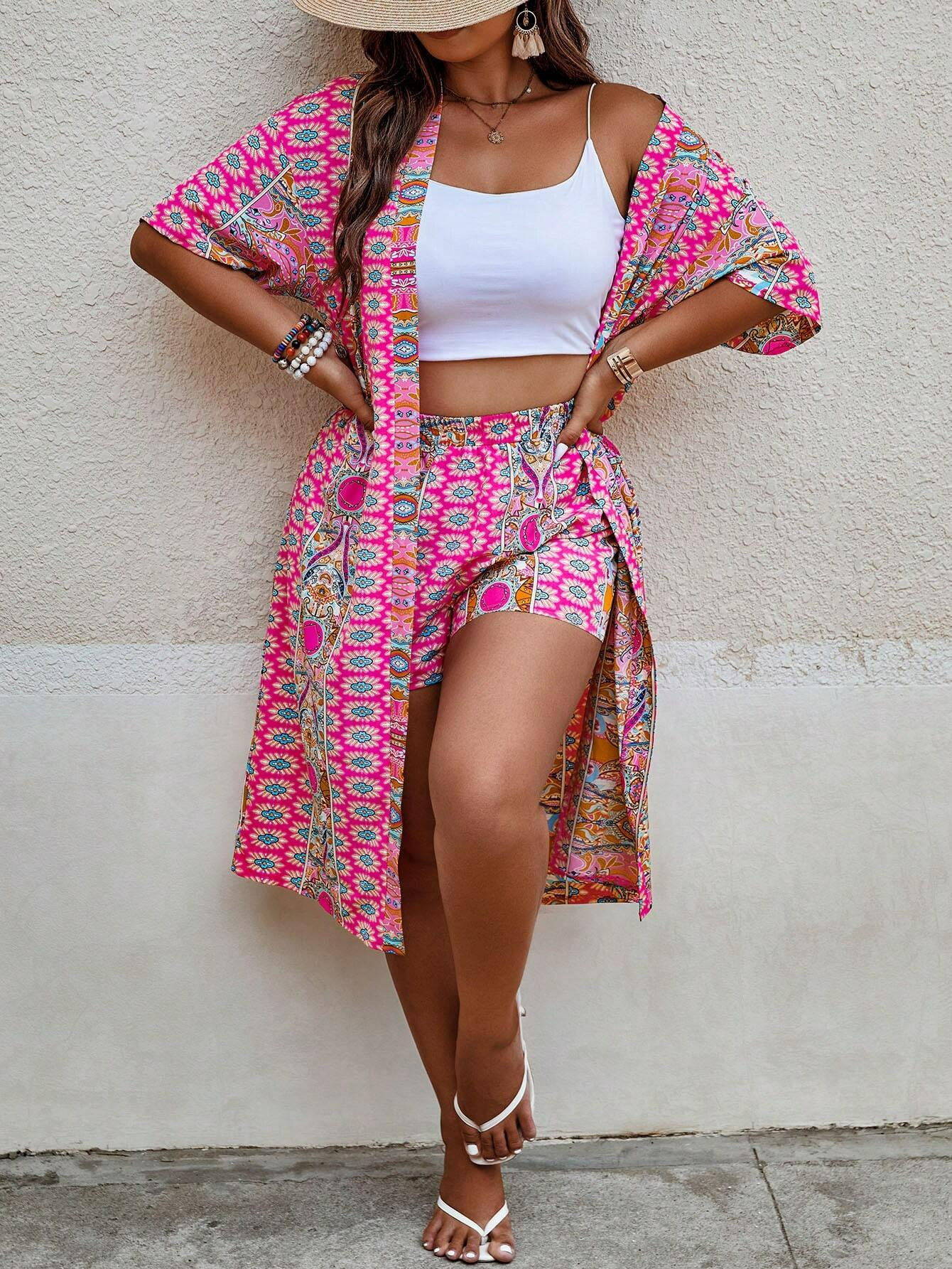 Plus Size All Over Print Kimono Robe and Shorts Set