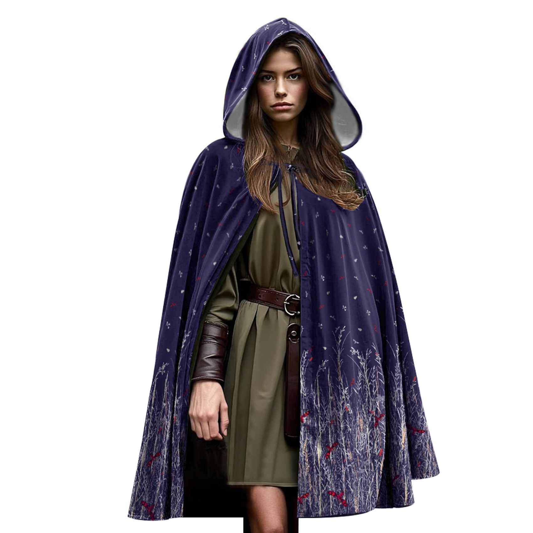 Navy Velvet Printed Hooded Cloak – Medieval LARP Cosplay Cape