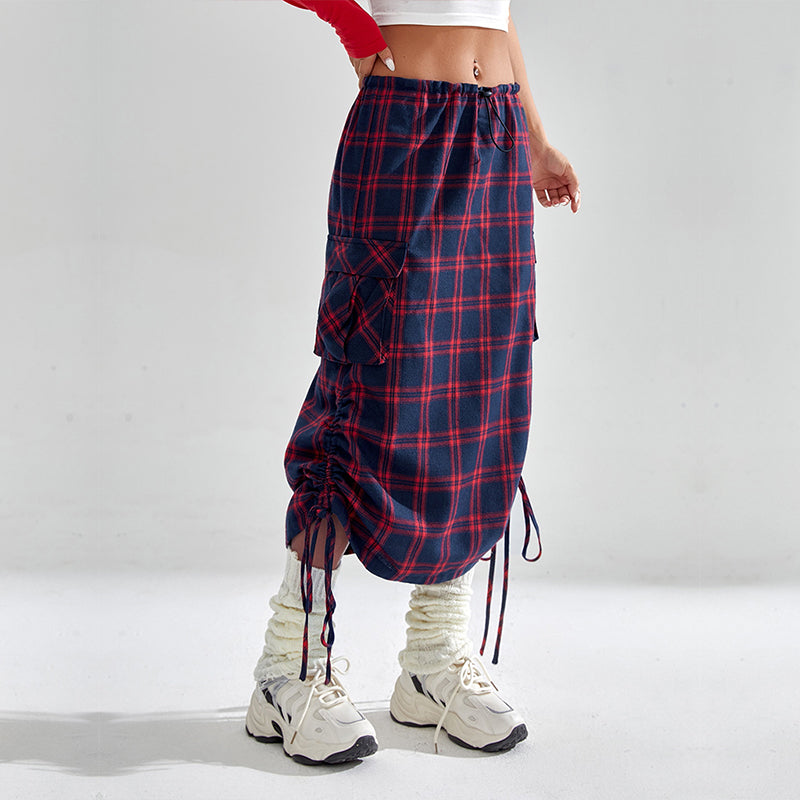 Plaid drawstring pocket side cargo skirt