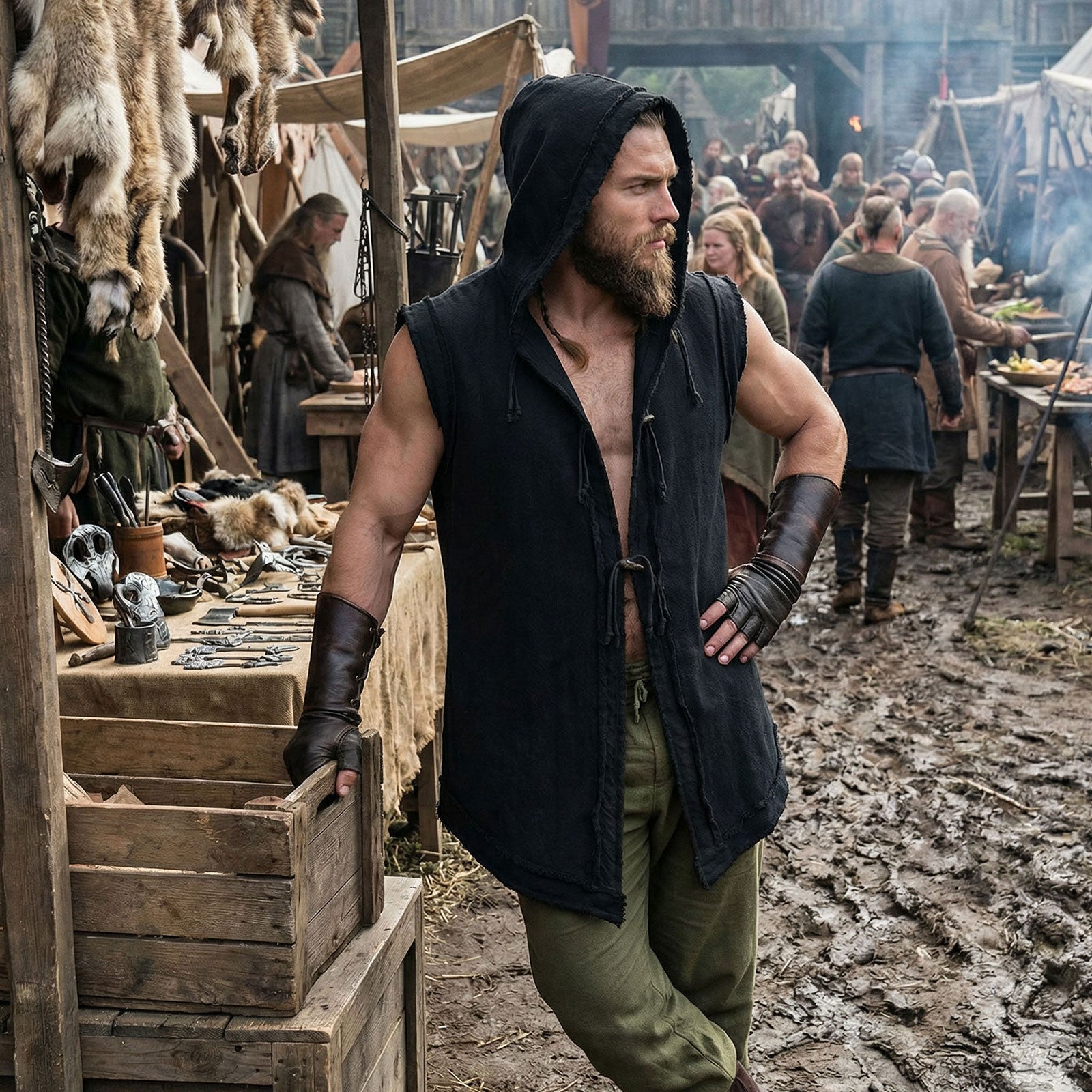 Mens Renaissance Vest Medieval Hooded Sleeveless Cotton Tunic Viking Pirate Costume Top with Wooden Buttons LARP Cosplay