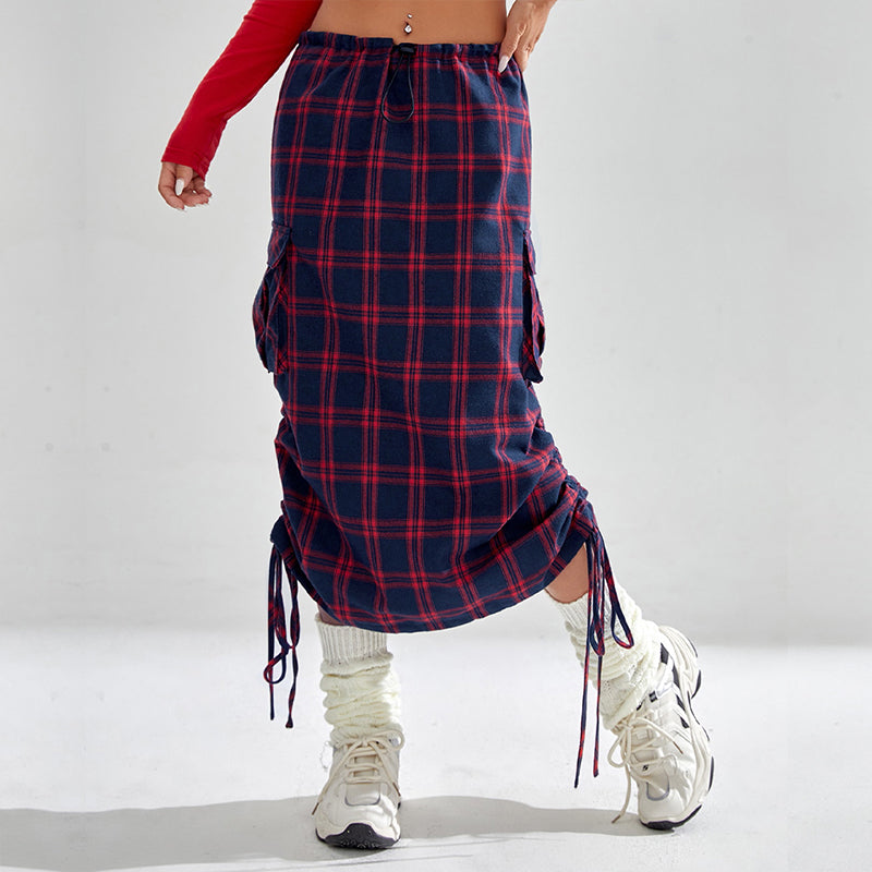 Plaid drawstring pocket side cargo skirt