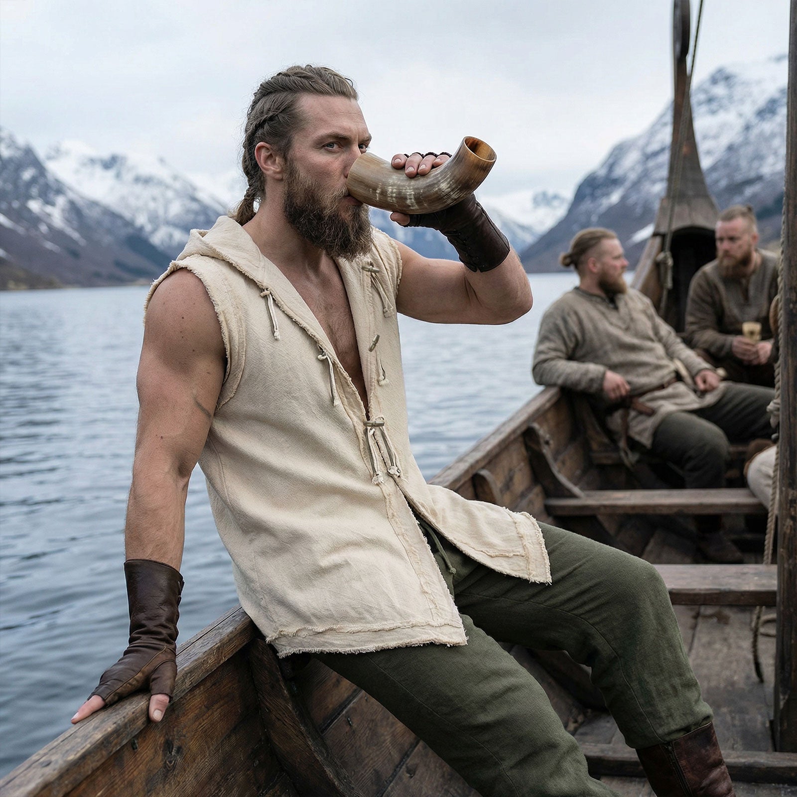Mens Renaissance Vest Medieval Hooded Sleeveless Cotton Tunic Viking Pirate Costume Top with Wooden Buttons LARP Cosplay