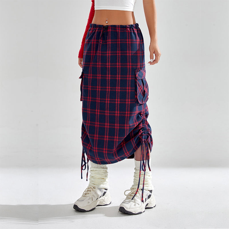 Plaid drawstring pocket side cargo skirt