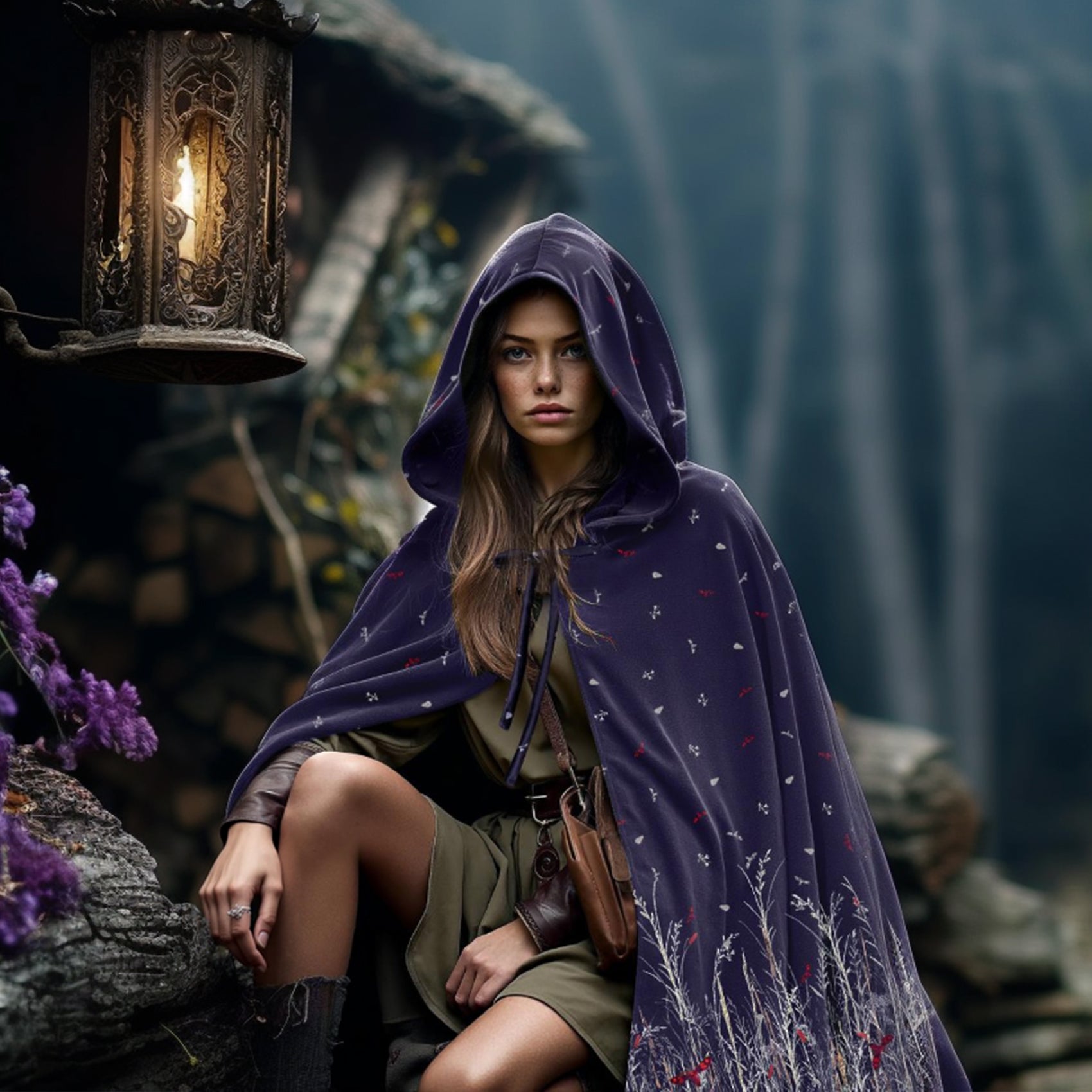 Navy Velvet Printed Hooded Cloak – Medieval LARP Cosplay Cape