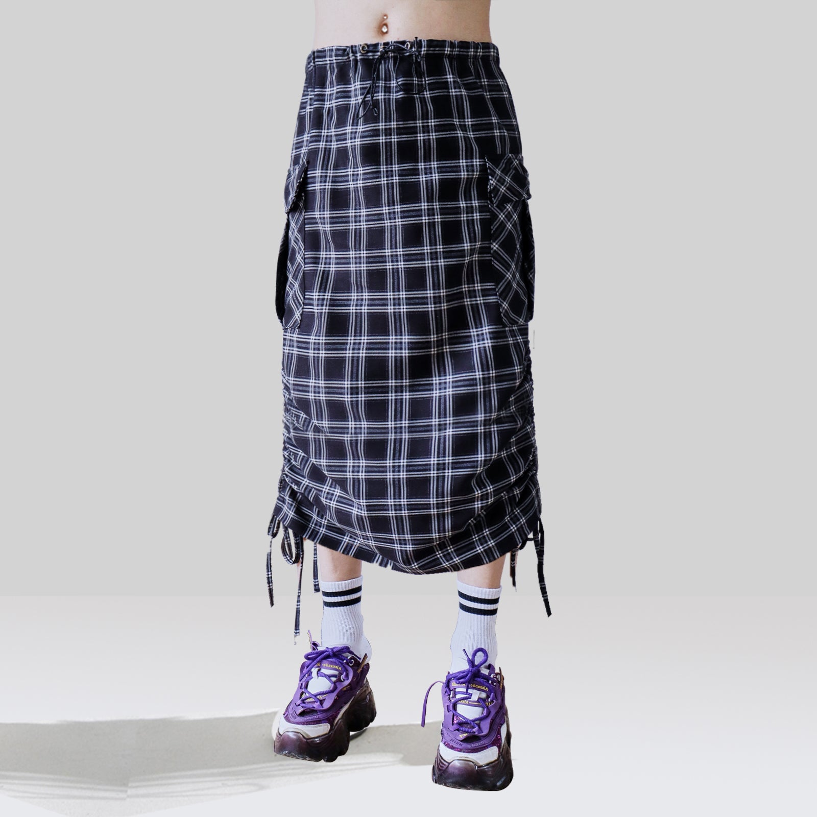 Plaid drawstring pocket side cargo skirt