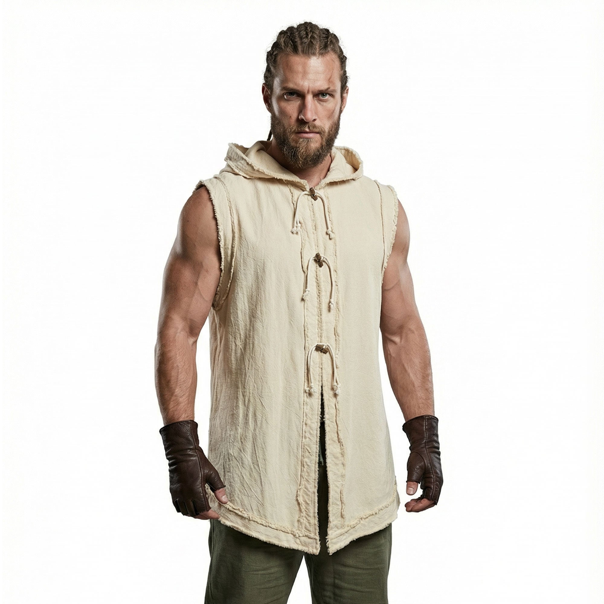 Mens Renaissance Vest Medieval Hooded Sleeveless Cotton Tunic Viking Pirate Costume Top with Wooden Buttons LARP Cosplay