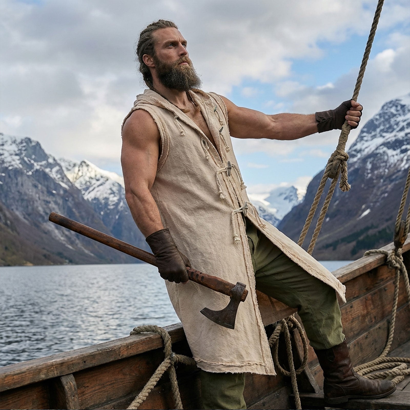 Men’s Medieval Costume Viking Vest Renaissance Sleeveless Tabard Tunic Hooded Cotton Surcoat Wooden Buttons LARP Cosplay