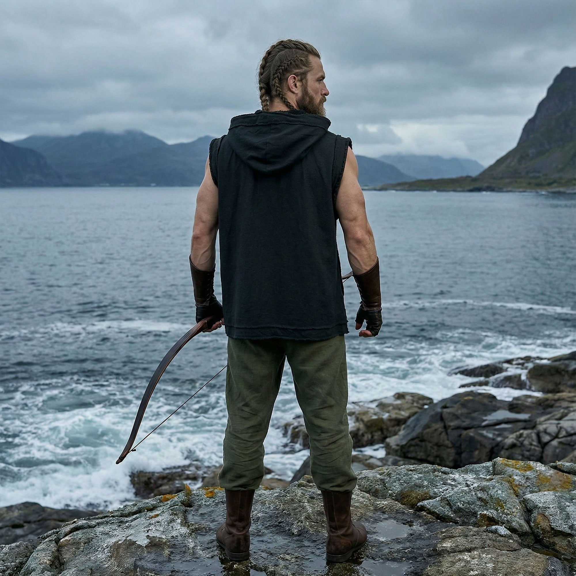 Mens Renaissance Vest Medieval Hooded Sleeveless Cotton Tunic Viking Pirate Costume Top with Wooden Buttons LARP Cosplay