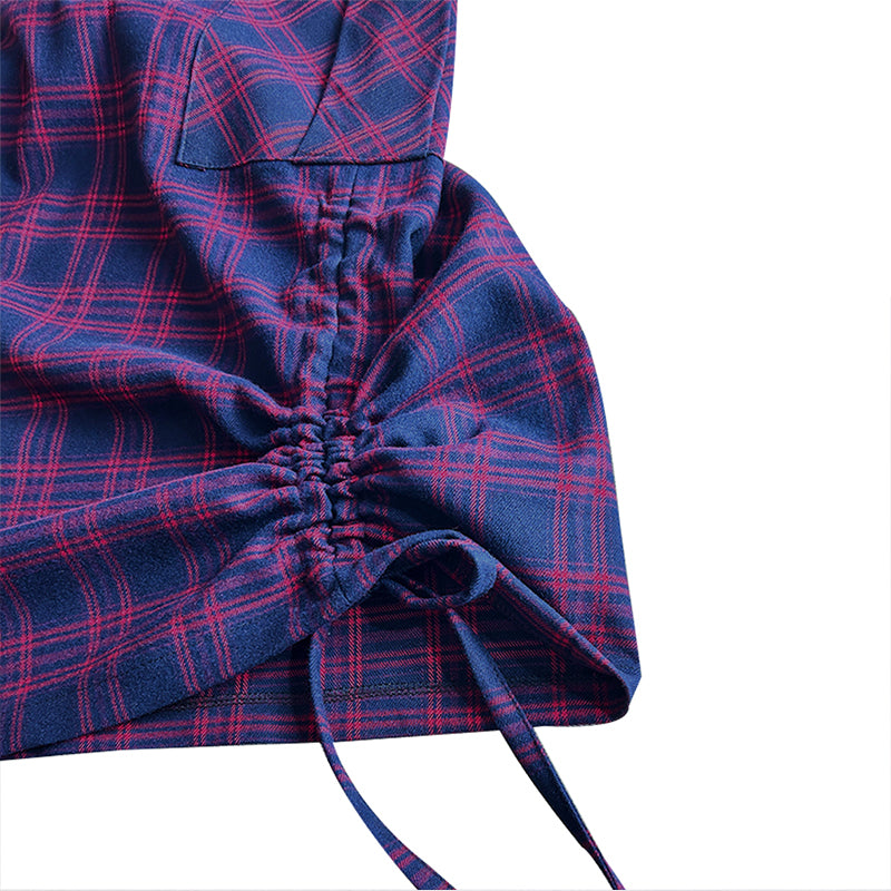 Plaid drawstring pocket side cargo skirt