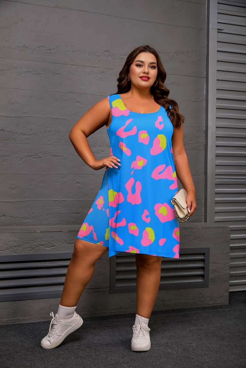 Plus Size Blue Leopard Print Tank Top and Shorts Set for Women