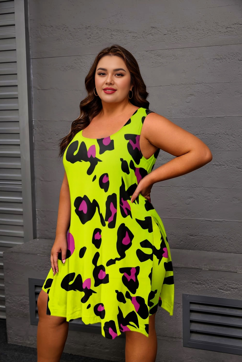 Plus Size Neon Green Leopard Print Tank Top and Shorts Set for Women