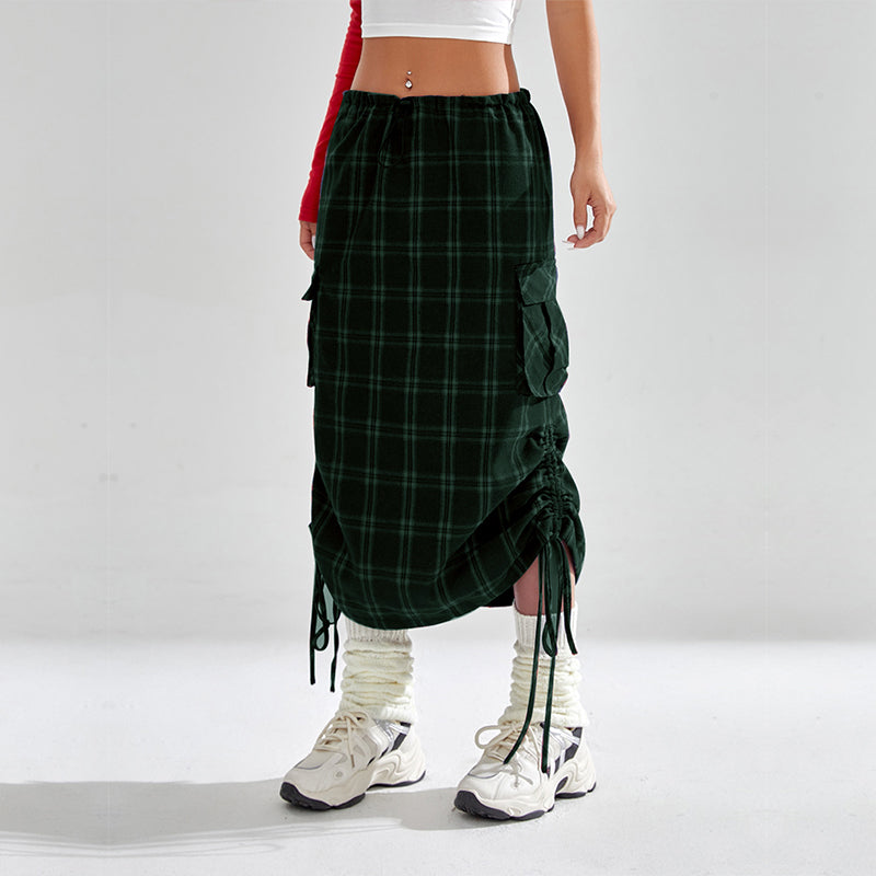 Plaid drawstring pocket side cargo skirt